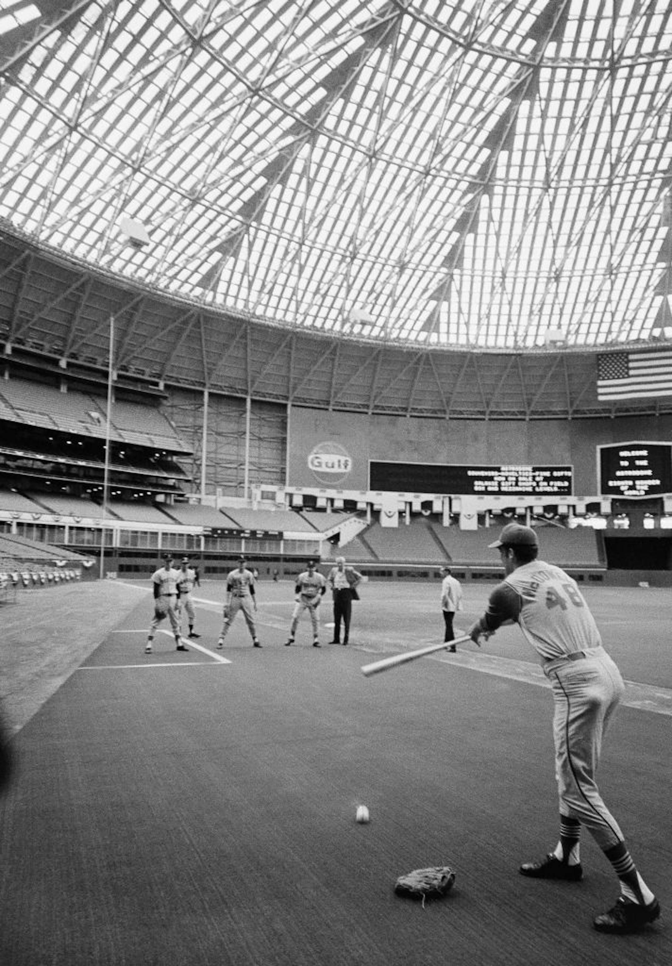 Sam McDowell, Cleveland Indians pitcher, hits the ball during a pepper game when the American League All Star team worked out in the Astrodome in Houston, Tex., July 9, 1968. A number of the American League players will be playing their first indoor baseball game today. (AP Photo/Ed Kolenovsky) ORG XMIT: APHS160874