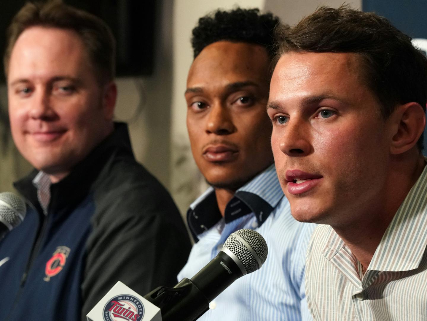 From left, Minnesota Twins Chief Baseball Officer Derek Falvey, shortstop Jorge Polanco, and outfielder Max Kepler answered questions from reporters in February during a news conference to announce contract extensions for both players.