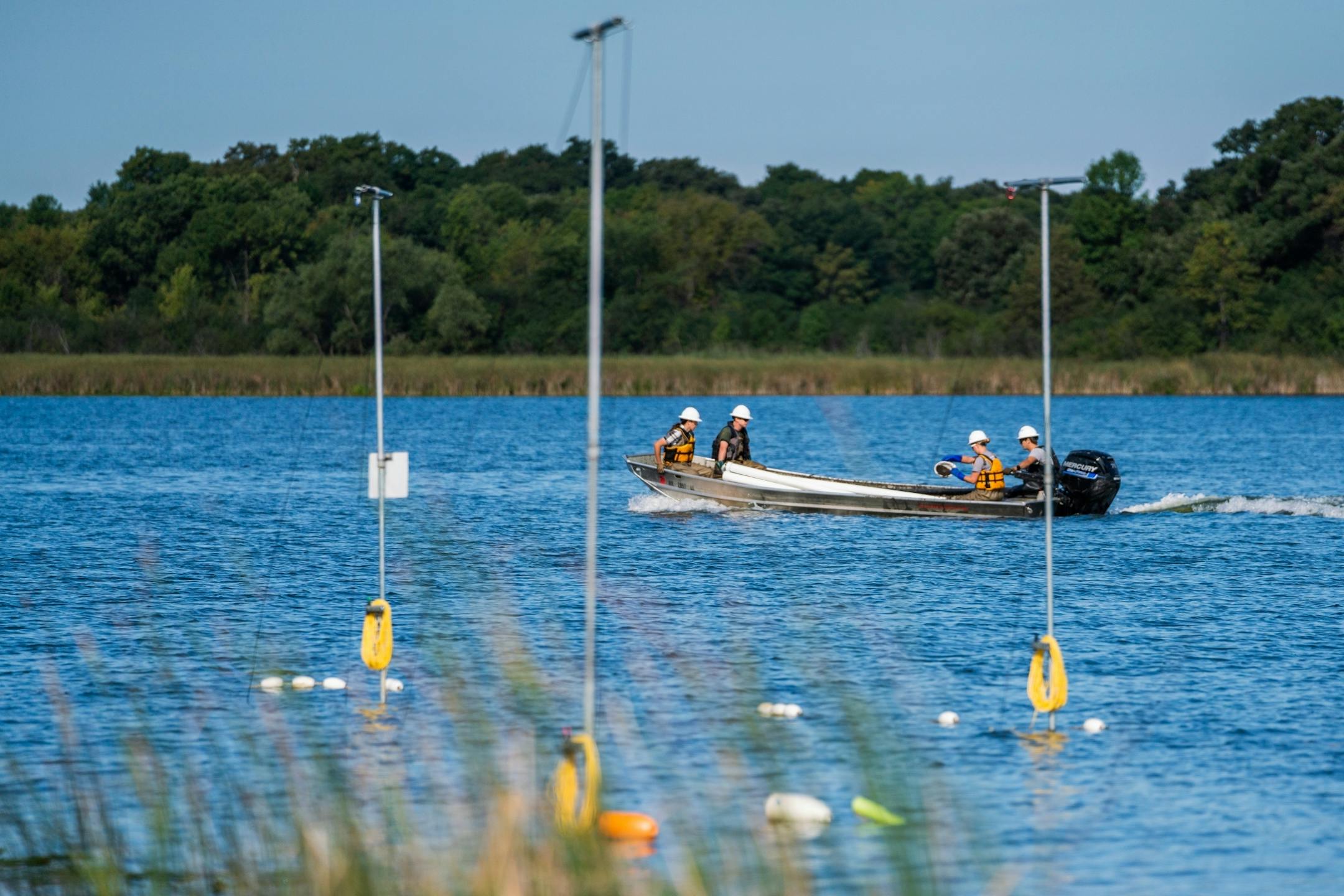 Carp Solutions workers head out to another net to collect trapped carp.