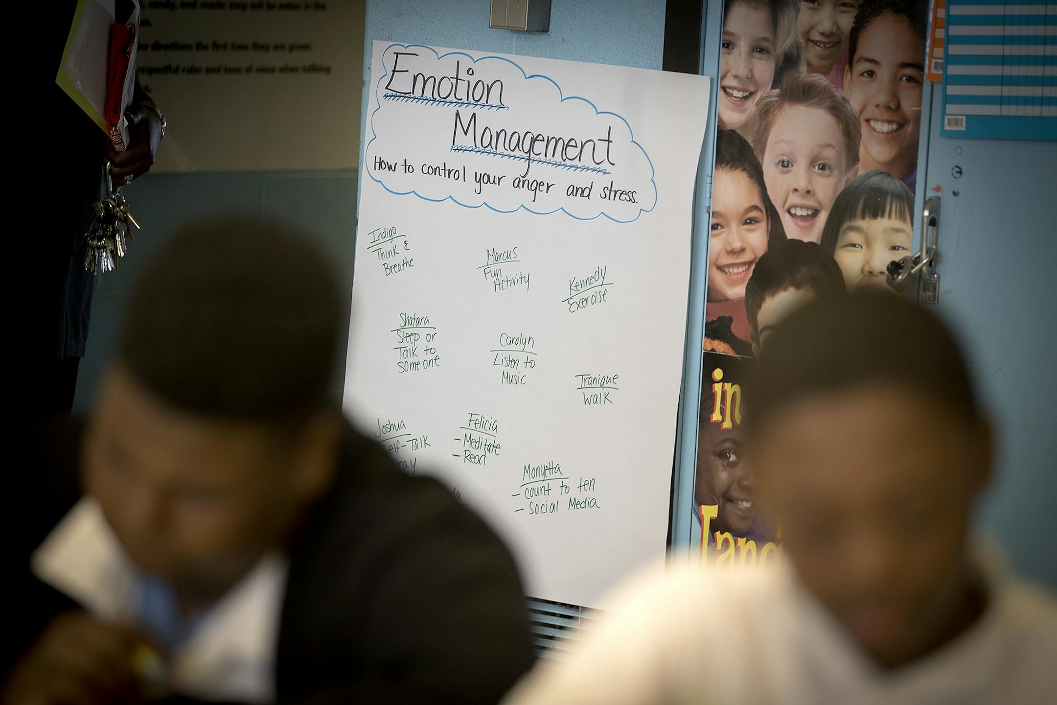 Signs of affirmation lined the walls and classes at Marcus Garvey Elementary School, Tuesday, March 21, 2017 in Chicago, IL.