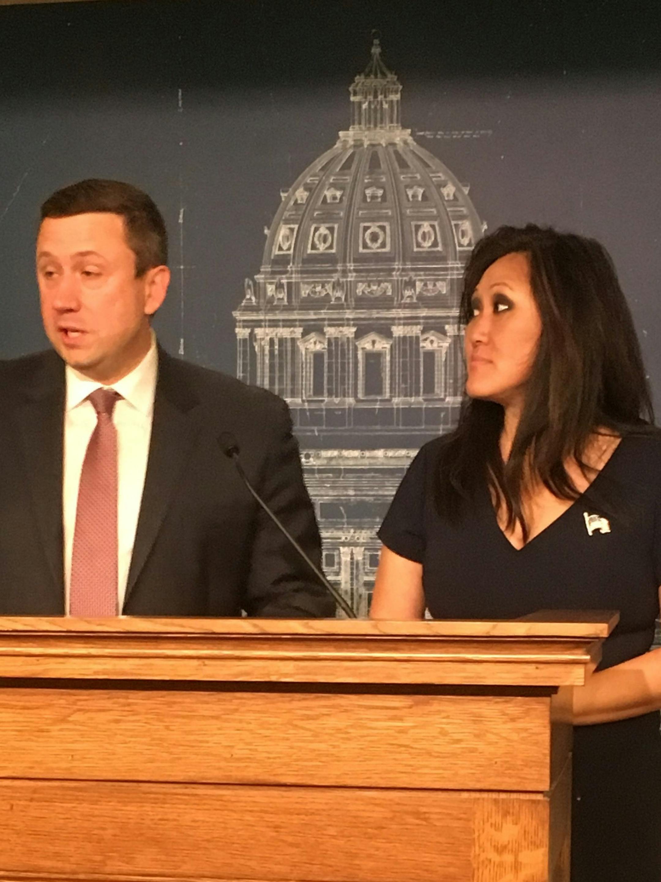 DFL Chairman Ken Martin and GOP Jennifer Carnahan urge participation in upcoming precinct caucuses, at a Capitol news conference on February 5, 2017.
