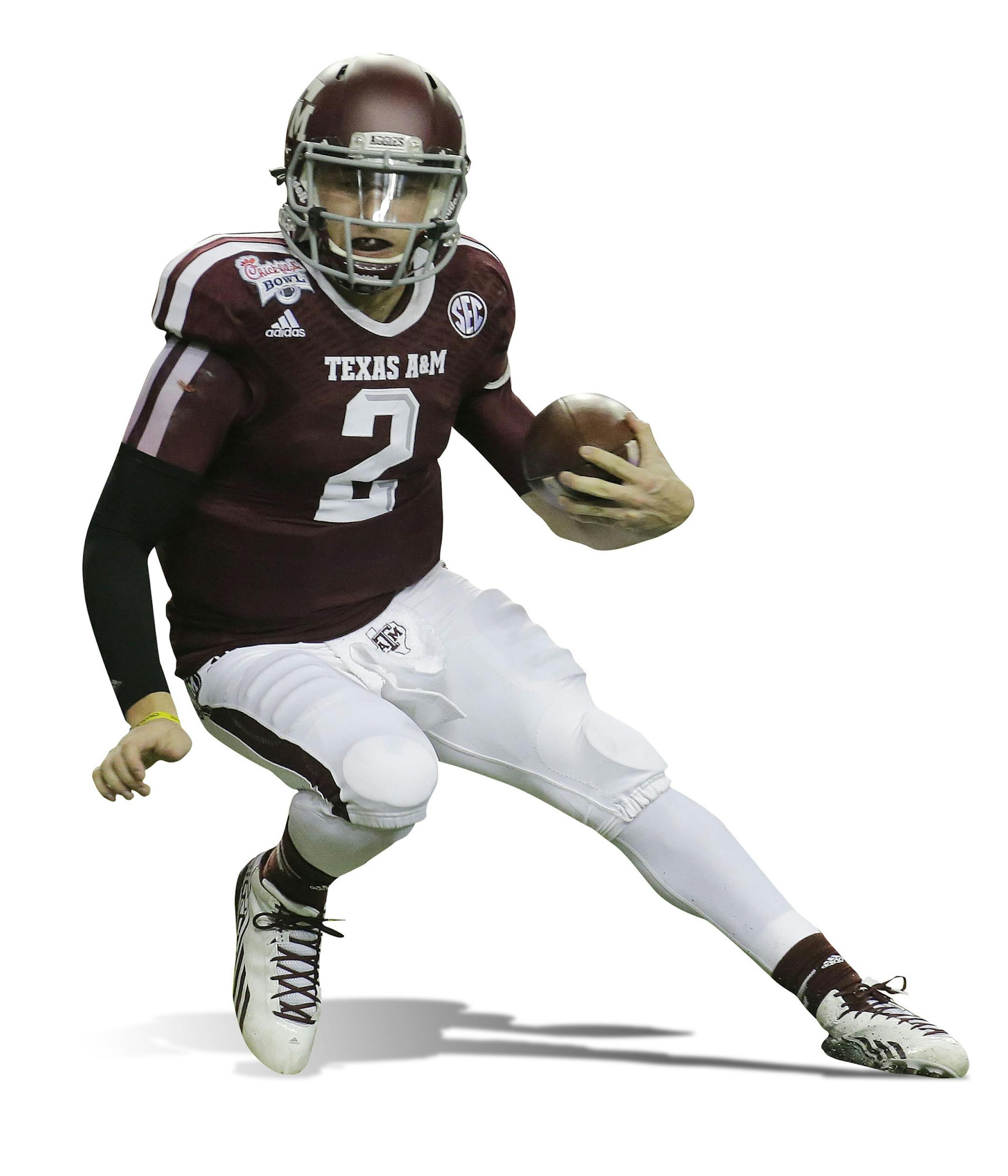 Texas A&M quarterback Johnny Manziel (2) is chased by Duke linebacker Kelby Brown (59) and nose tackle Jamal Bruce (91) in the first half of the Chick-fil-A Bowl NCAA college football game Tuesday, Dec. 31, 2013, in Atlanta. (AP Photo/Jamie Martin) ORG XMIT: GADM133