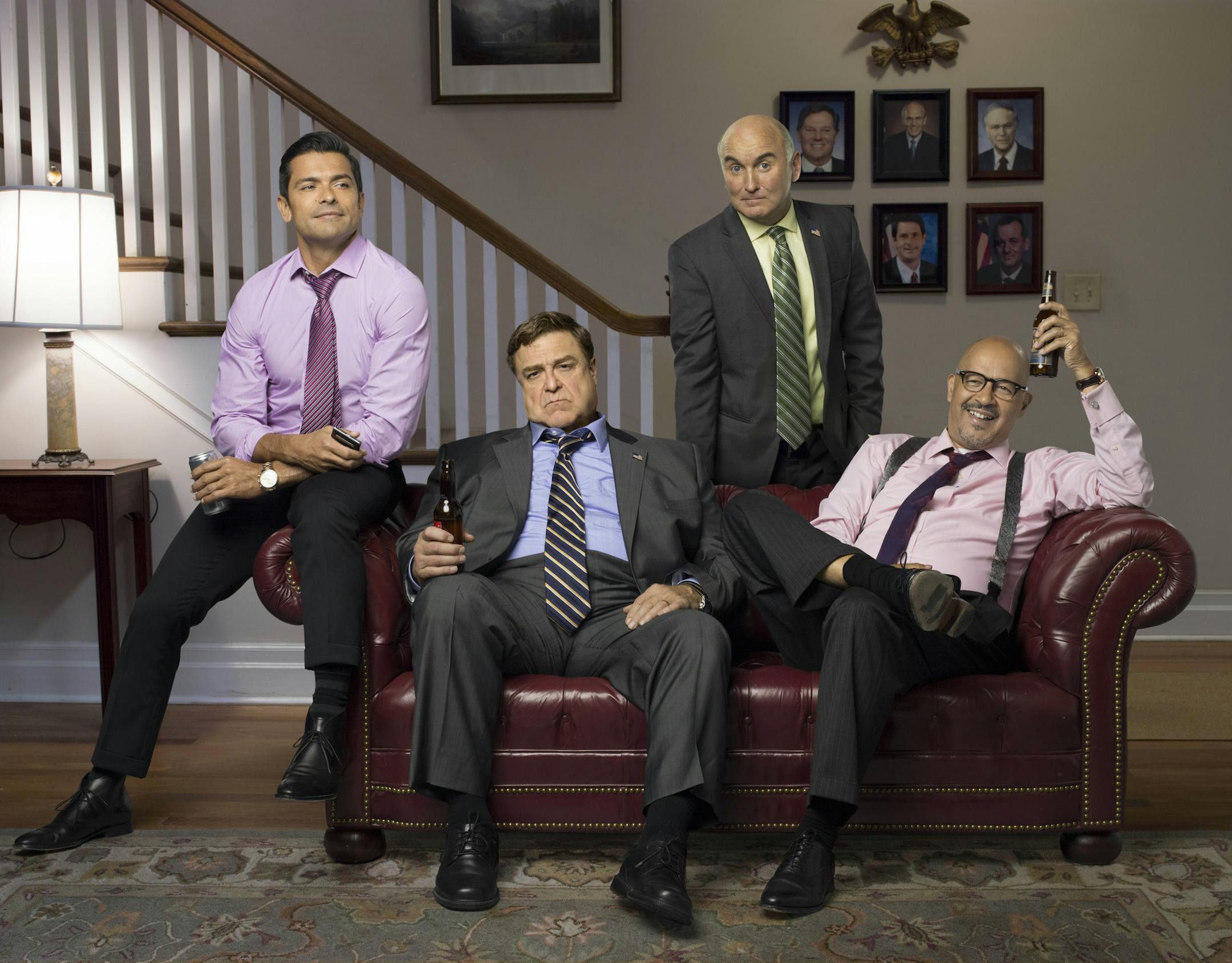 In this photo providedby Amazon Studios, from left, Mark Consuelos, John Goodman, Matt Malloy and Clark Johnson, star in "Alpha House" from Amazon Studios. The series debuts Nov. 15, 2013, on Amazon.com. (AP Photo/Amazon Studios)