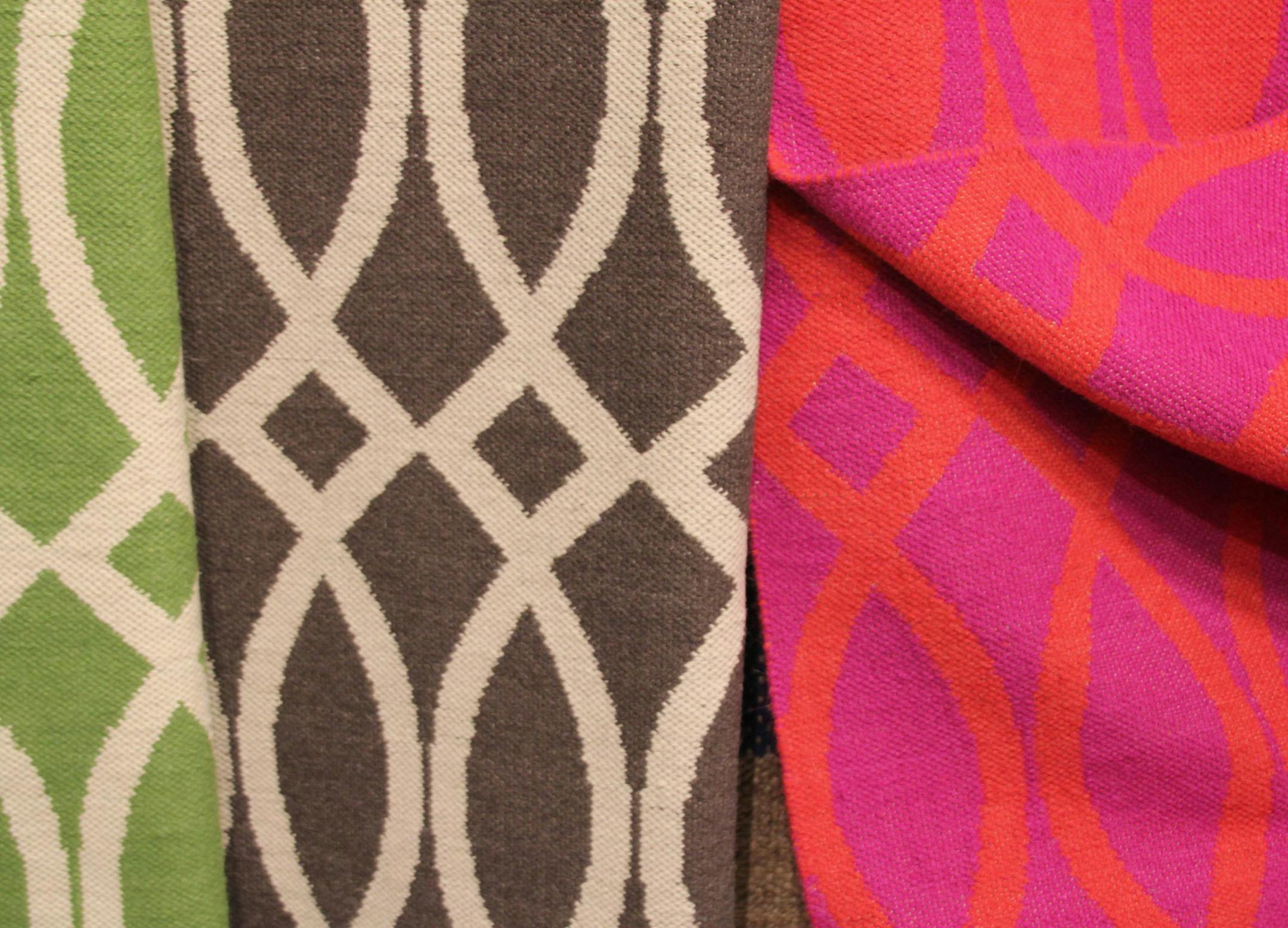 Three color ways for the flat weave Kate Spade rug. (Patricia Sheridan/Pittsburgh Post-Gazette/TNS) ORG XMIT: 1176021