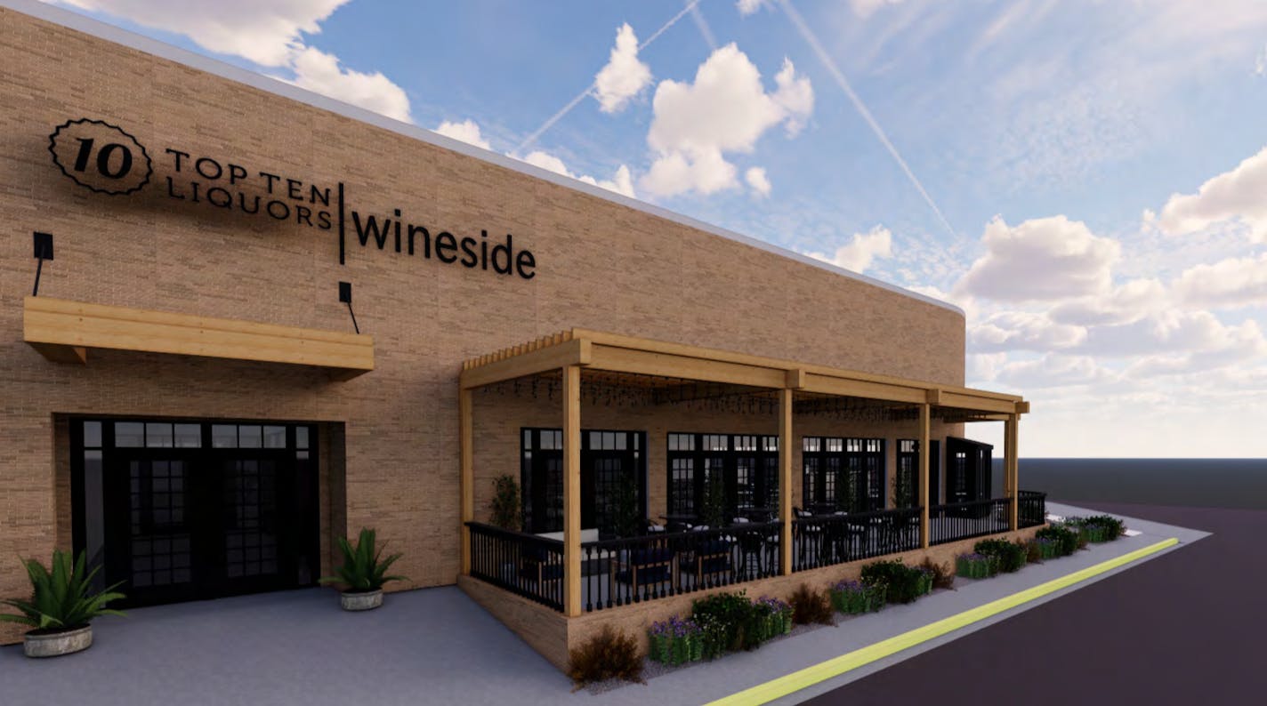 A rendering of Wineside, a hybrid liquor store, wine bar and grocery store that is taking over a former Champps in Minnetonka in 2022.