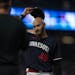 Minnesota Twins relief pitcher Pablo López tipped his cap as he walked off the mound in the 8th inning Tuesday April 11,2023 in Minneapolis, Minn.] J