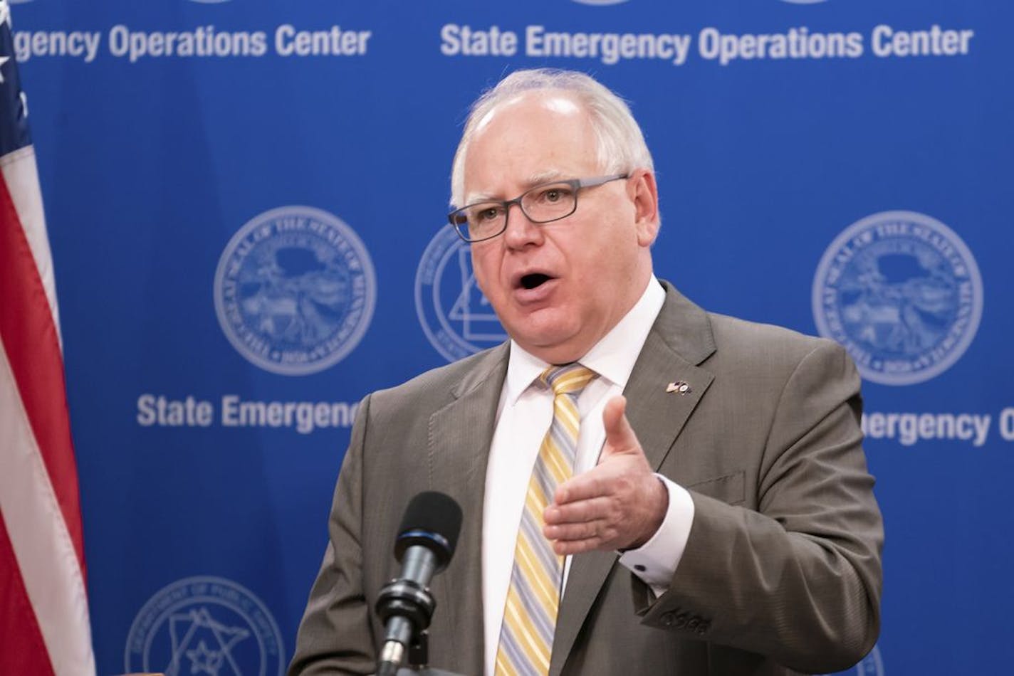 Governor Tim Walz speaks during a press conference Tuesday, May 5, 2020. Under his "stay safe" order, bars and restaurants must remain closed through June 1 except for takeout orders.