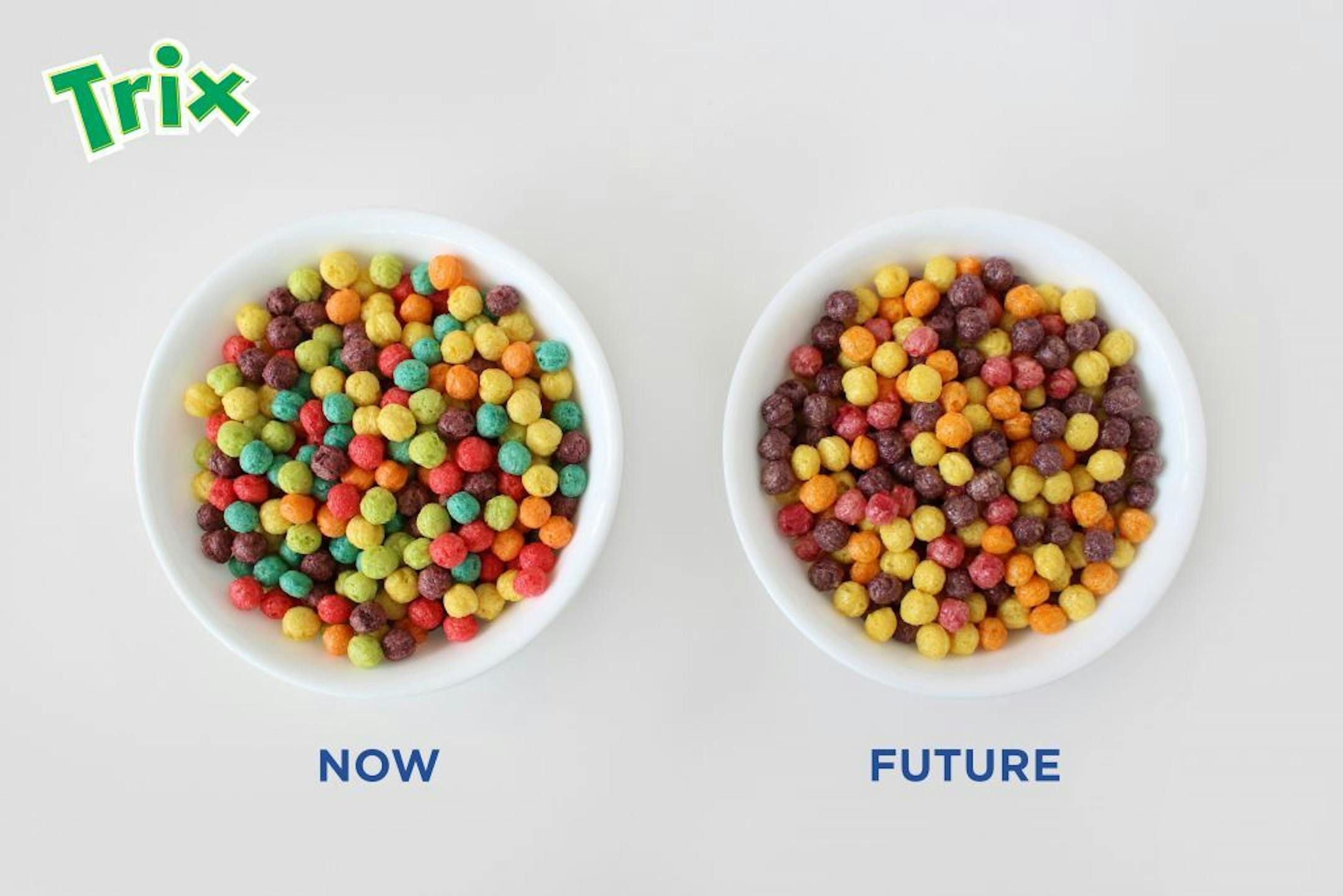 This undated photo combination provided by General Mills shows a bowl of Trix cereal made with artificial colors, left, and a bowl with natural colors, right. Food makers are purging their products of artificial dyes as people increasingly eschew anything in their food they don�t feel is natural. General Mills couldn�t find good alternatives for the blue and green pieces in Trix, so the company is getting rid of those colors when the cereal is reformulated later this year. The red pieces, which
