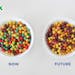 This undated photo combination provided by General Mills shows a bowl of Trix cereal made with artificial colors, left, and a bowl with natural colors