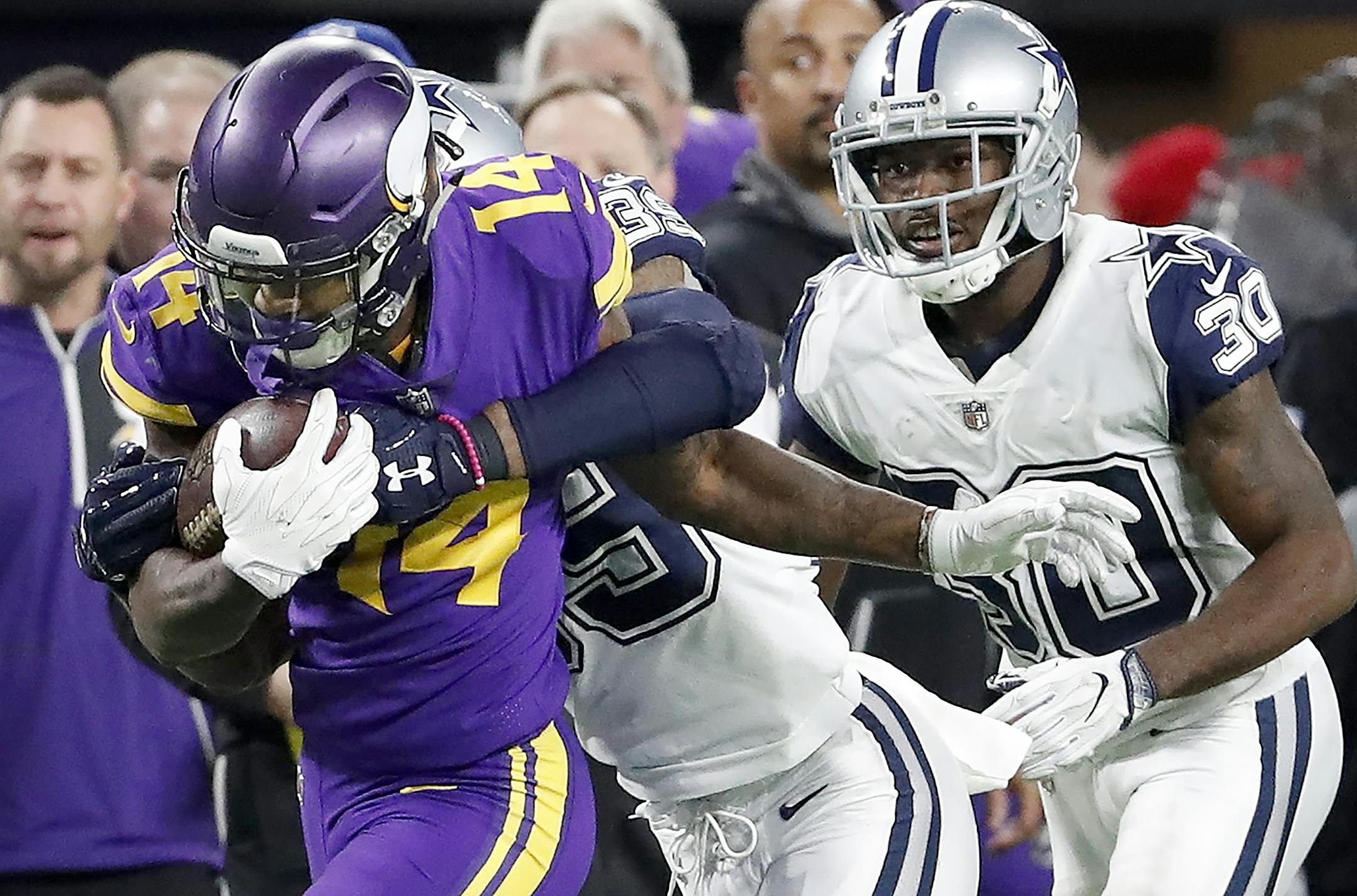 Stefon Diggs (14) caught a pass in the fourth quarter last week against the Cowboys.