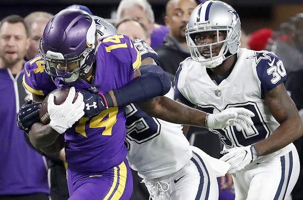 Stefon Diggs (14) caught a pass in the fourth quarter last week against the Cowboys.