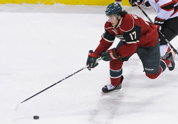 Wild forward Casey Wellman, chasing the puck against New Jersey last Friday, has two goals and an assist in two games since being recalled from Housto