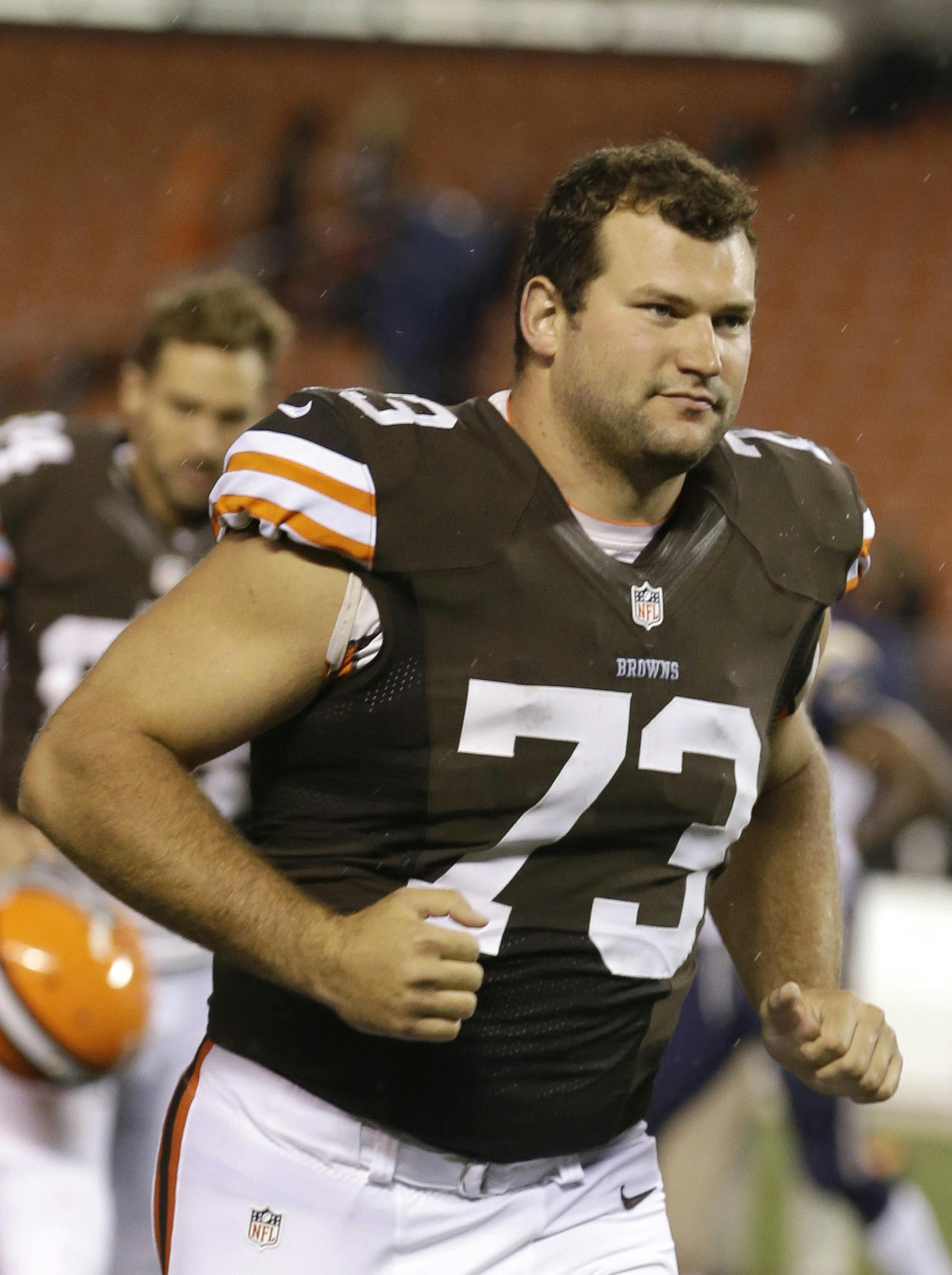 Cleveland Browns offensive tackle Joe Thomas runs off the field after a preseason NFL football game against the St. Louis Rams Thursday, Aug. 8, 2013, in Cleveland. (AP Photo/Tony Dejak) ORG XMIT: MIN2013092016442649