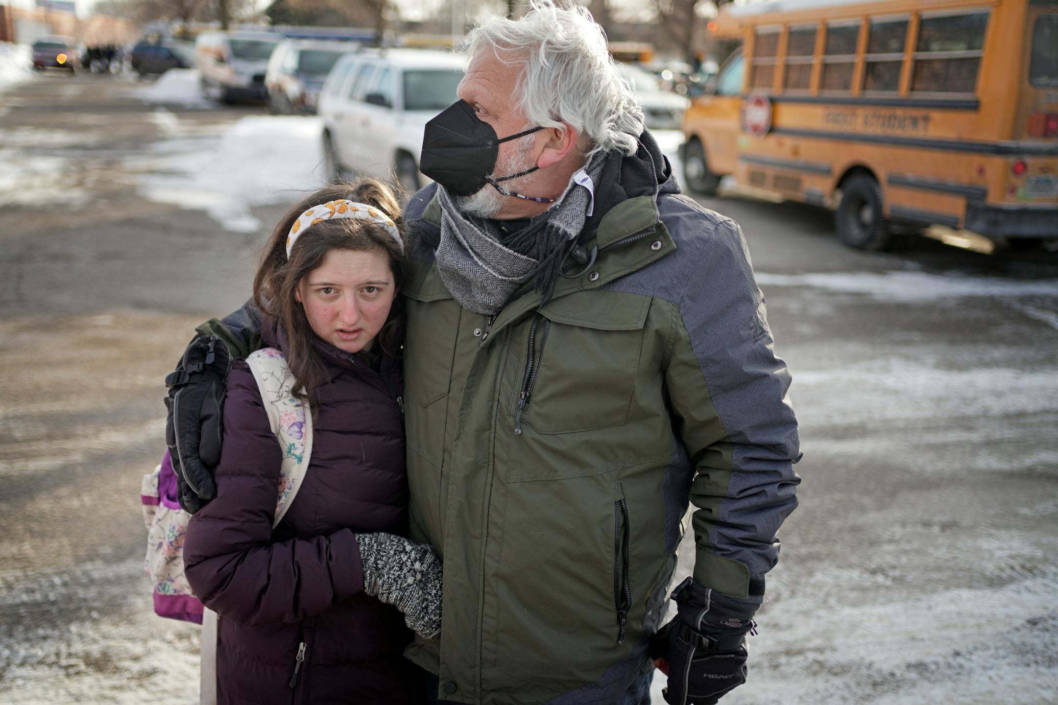 One student was shot and killed, and another severely wounded on the sidewalk outside the South Education Center, an alternative school in the Intermediate District 287 that serves students from pre-K to age 21. Here, Mark Brull picked up his daughter Maya, 21, after a three hour lock down after the shooting. Tuesday, Feb. 1, 2022 in Richfield, Minn. ] Brian Peterson ¥ brian.peterson@startribune.com