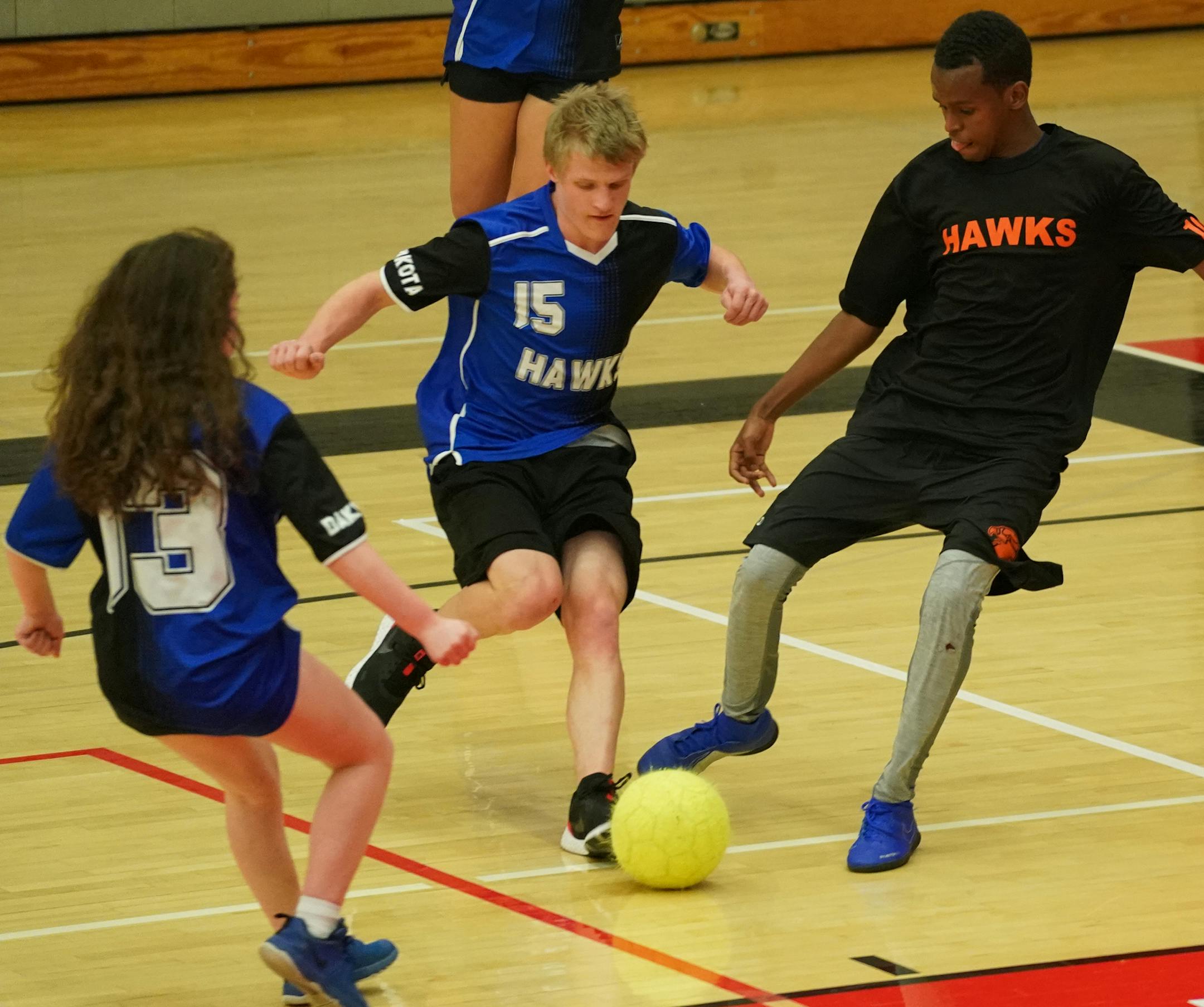 Dakota United defeated St. Paul Humboldt 5-2 in the PI adapted soccer state championship game at Stillwater High School on Saturday, Nov. 23, 2019. In this photo, Dakota United's Samuel Gerten (15) battled St. Paul Humboldt's Liban Farah (10) for the ball. ] Shari L. Gross ¥ shari.gross@startribune.com Adapted soccer championships, PI and CI divisions.