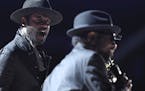 Gary Clark Jr., left, and William Bell perform "Born Under a Bad Sign" at the 59th annual Grammy Awards on Sunday, Feb. 12, 2017, in Los Angeles. (Pho