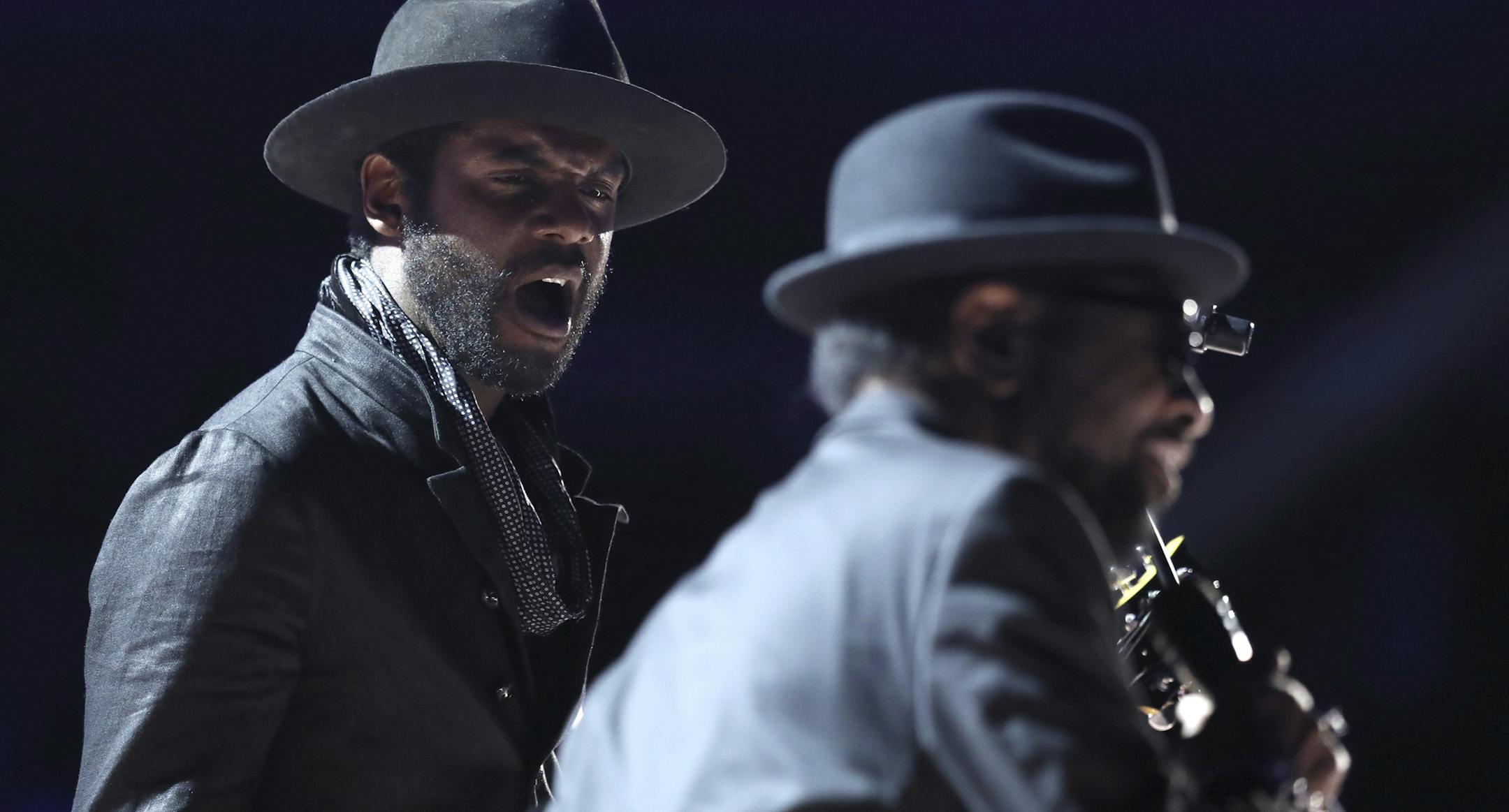 Gary Clark Jr., left, and William Bell perform "Born Under a Bad Sign" at the 59th annual Grammy Awards on Sunday, Feb. 12, 2017, in Los Angeles. (Photo by Matt Sayles/Invision/AP)