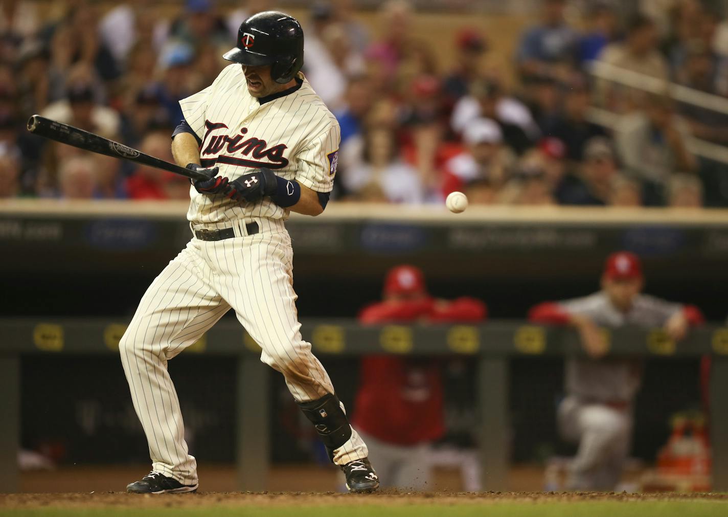 Minnesota Twins second baseman Brian Dozier was hit by a Carlos Martinez pitch to load the bases in the 7th inning Wednesday night. JEFF WHEELER &#xef; jeff.wheeler@startribune.com The Twins beat the St. Louis Cardinals 3-1 Wednesday night, June 17, 2015 at Target Field in Minneapolis.