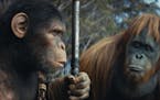 Noa (left, played by Owen Teague) and Raka (played by Peter Macon) in "Kingdom of the Planet of the Apes."