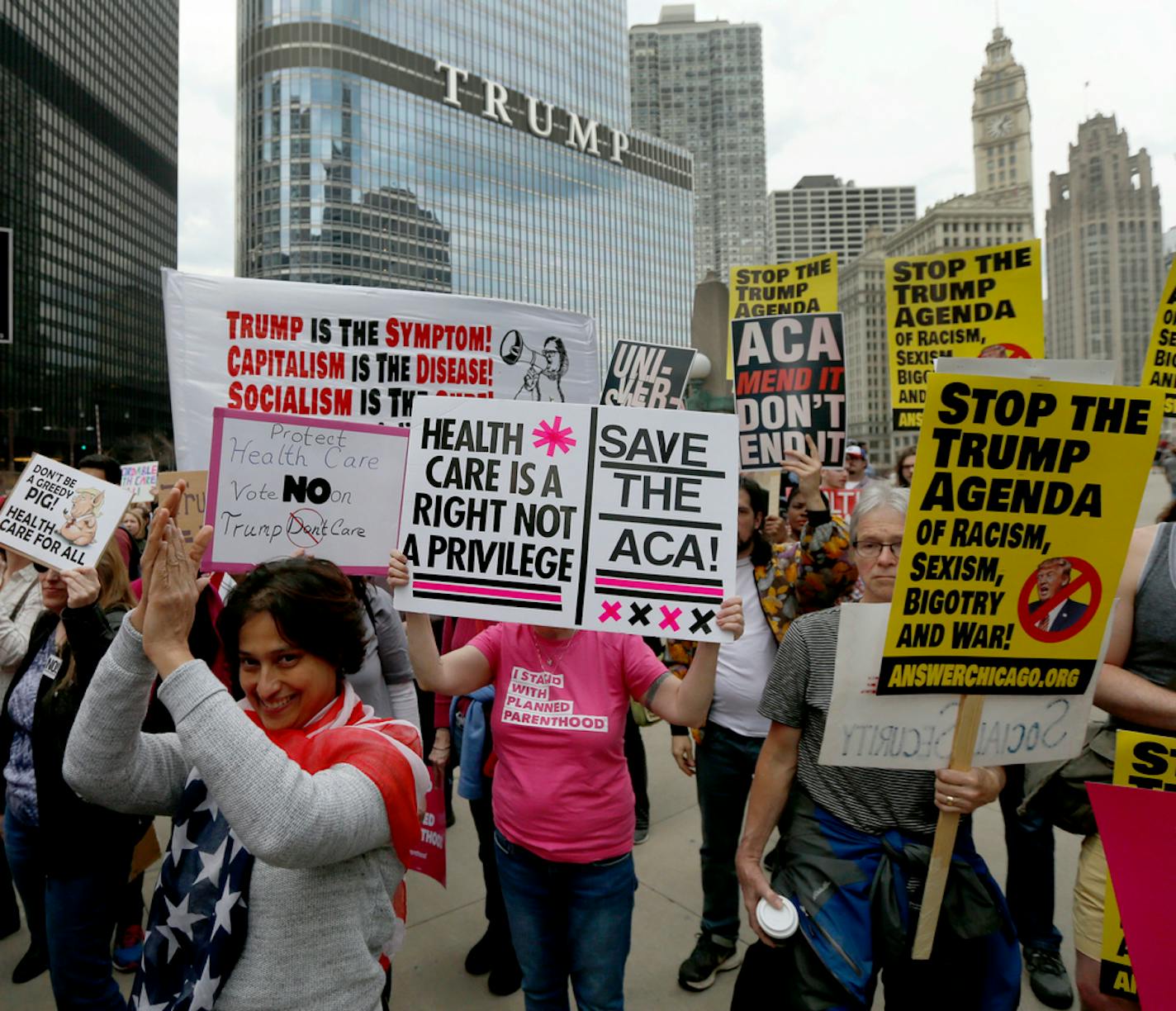 In 2017, protesters gathered across the Chicago River from Trump Tower to rally against the repeal of the Affordable Care Act. Earlier, President Trump and GOP leaders yanked their bill to repeal "Obamacare" off the House floor when it became clear it would fail badly.