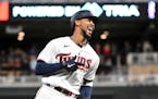 Minnesota Twins designated hitter Byron Buxton (25) celebrates his home run against the Oakland Athletics in the bottom of the fifth inning Friday, Ma