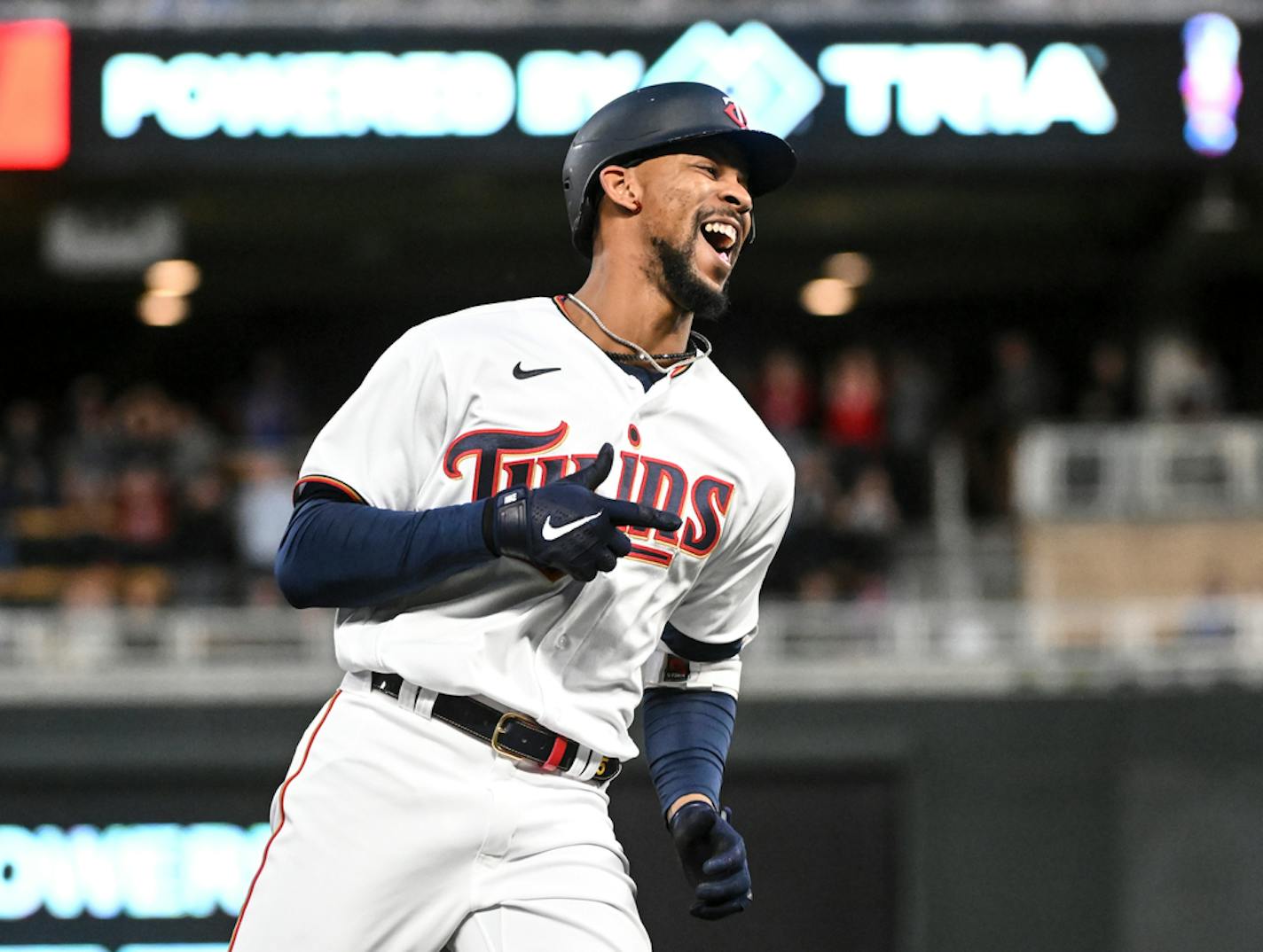 Minnesota Twins designated hitter Byron Buxton (25) celebrates his home run against the Oakland Athletics in the bottom of the fifth inning Friday, May 6, 2022 at Target Field in Minneapolis, Minn.. ] AARON LAVINSKY• Aaron.lavinsky@startribune.com