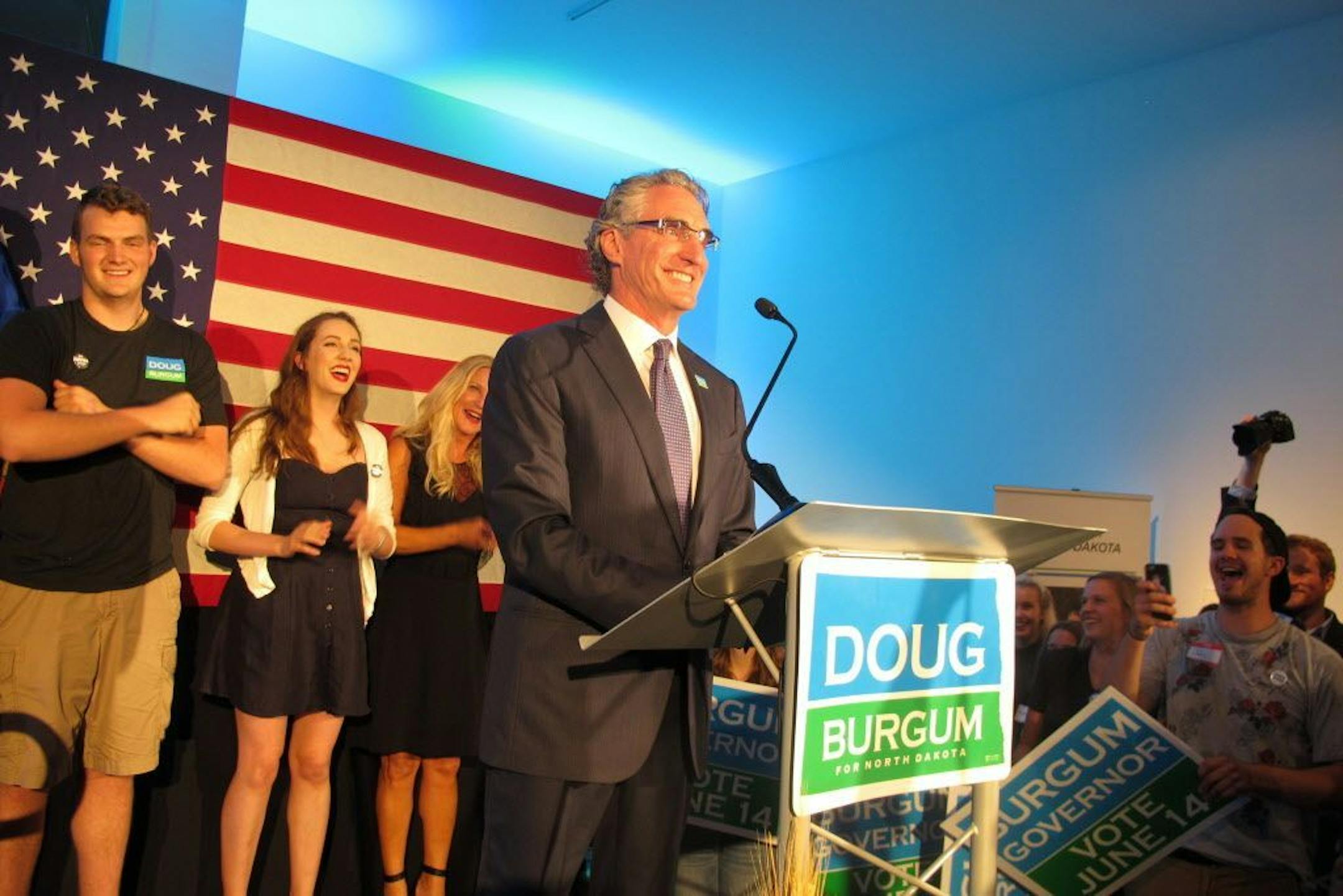 Republican governor candidate Doug Burgum talks to supporters at an art gallery in downtown Fargo, N.D., after Burgum won the GOP primary vote on Tuesday, June 14, 2016. Burgum, a Fargo businessman, defeated Attorney General Wayne Stenehjem, who was endorsed at the state Republican Party convention.