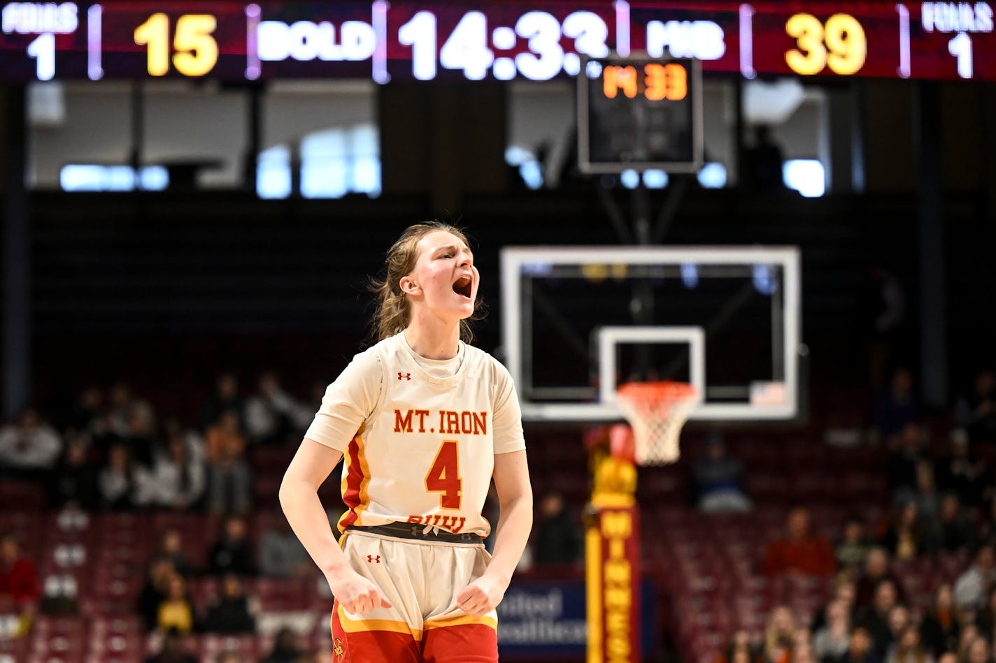 Mountain Iron-Buhl Guard Jordan Zubich (4) celebrates after a teammates basket against B.O.L.D. in the second half Saturday, March 18, 2023 during the Class 1A girls' basketball state tournament championship game at Williams Arena in Minneapolis, Minn.. ] AARON LAVINSKY • aaron.lavinsky@startribune.com