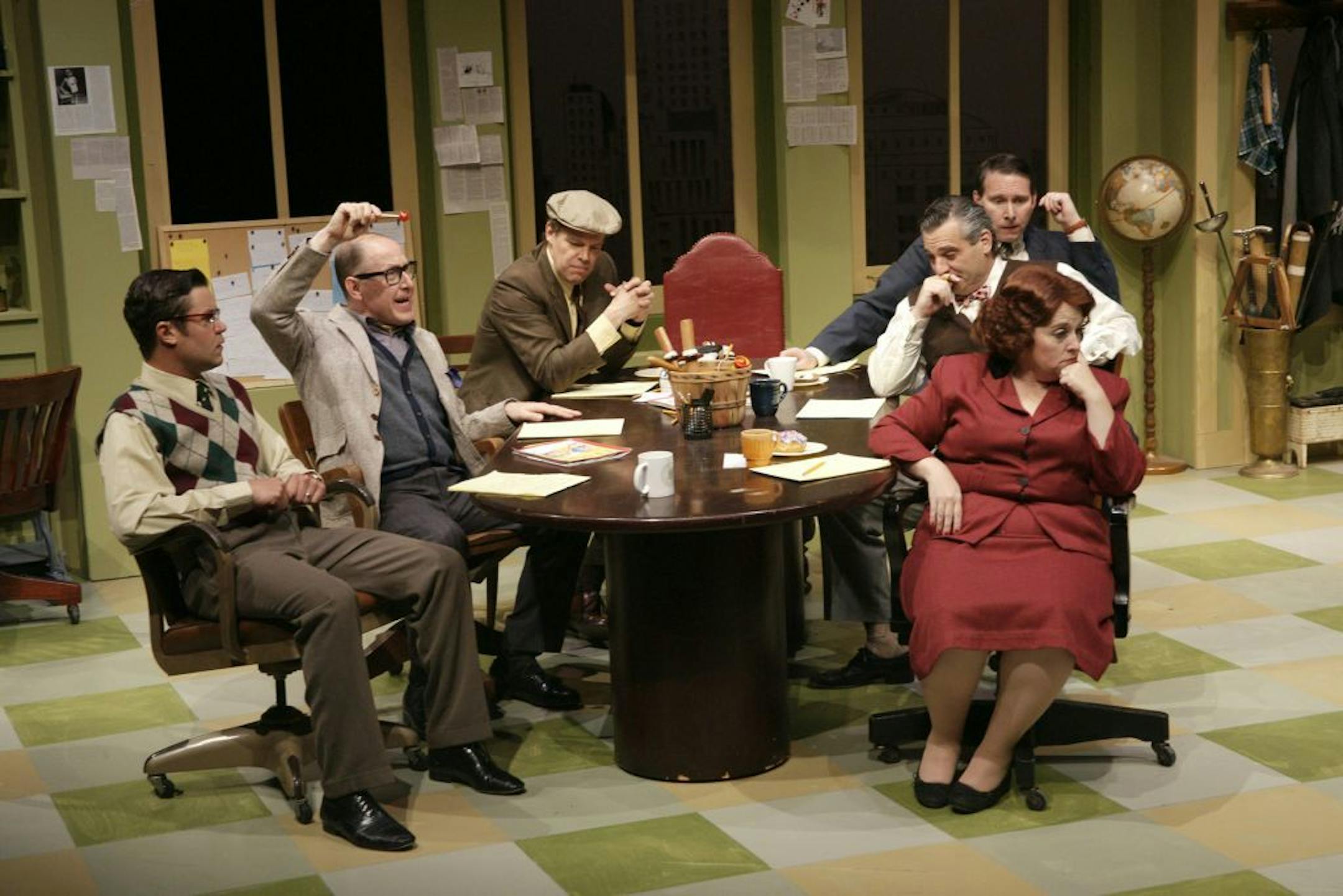 John Catron, Craig Johnson, Randy Funk, Eric Webster, Bob Malos and Karen Wiese-Thompson in "Laughter on the 23rd Floor"