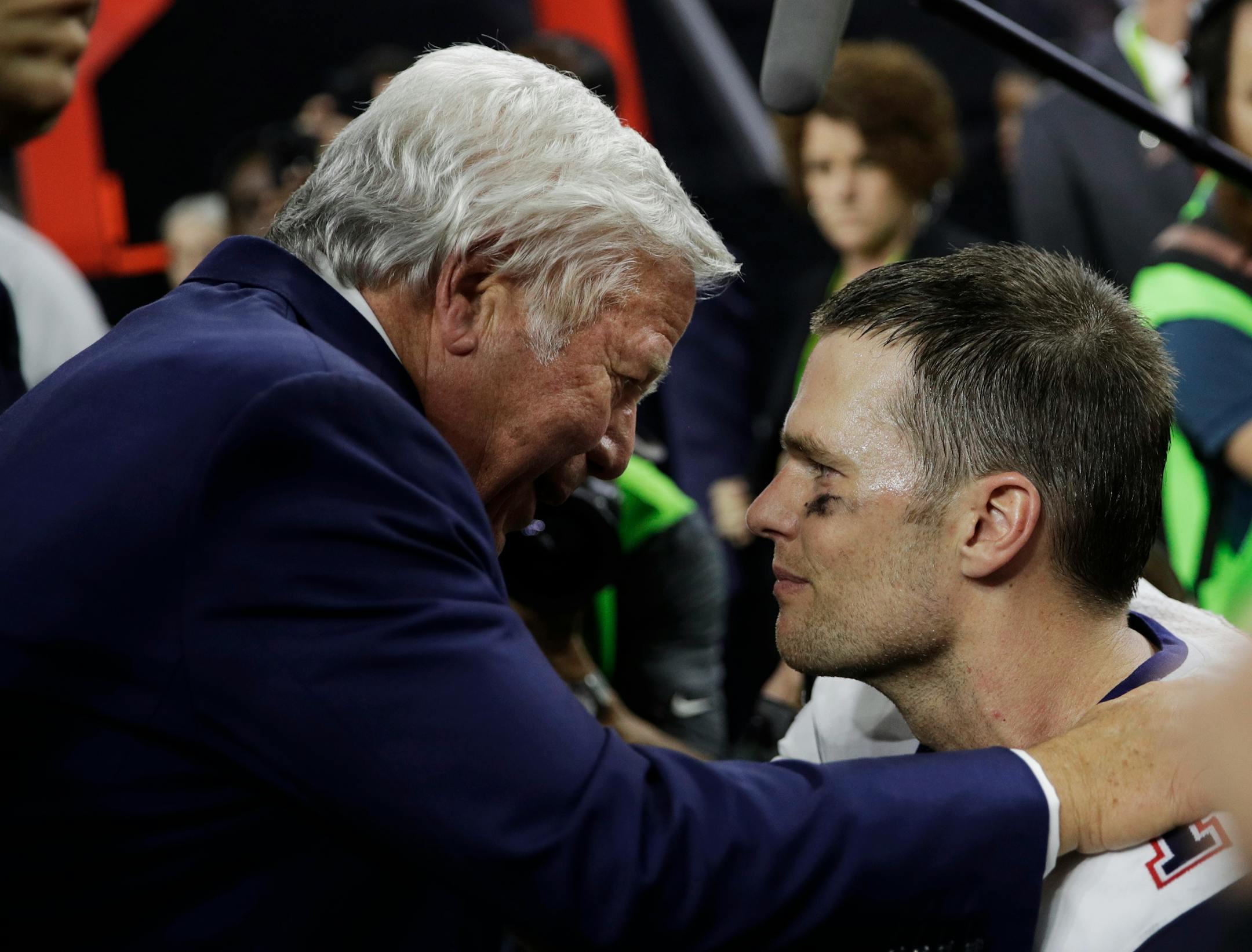 Patriots owner Robert Kraft and quarterback Tom Brady shared a moment after beating Atlanta 34-28 in overtime in Super Bowl LI on Sunday.