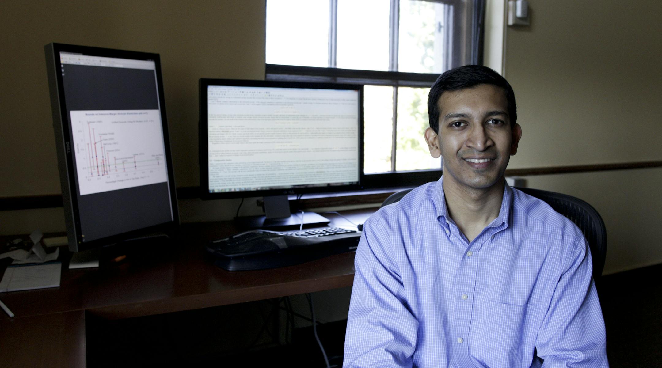 **EMBARGO: No electronic distribution, Web posting or street sales before Thursday 12:01 a.m. ET Jan. 23, 2014. No exceptions for any reasons. EMBARGO set by source.** FILE -- Raj Chetty, an economics professor at Harvard University, in his office at the school in Cambridge, Mass., Oct. 5, 2012. According to a large new academic study co-authored by Chetty, the odds of moving up or down the income ladder in the U.S. have not changed appreciably in the last 20 years, an idea that contradicts poli