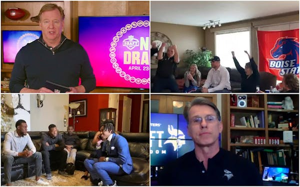 Clockwise from top left, scenes from the NFL's virtual draft: Commissioner Goodell, Ezra Cleveland, Rick Spielman and Justin Jefferson all had differe