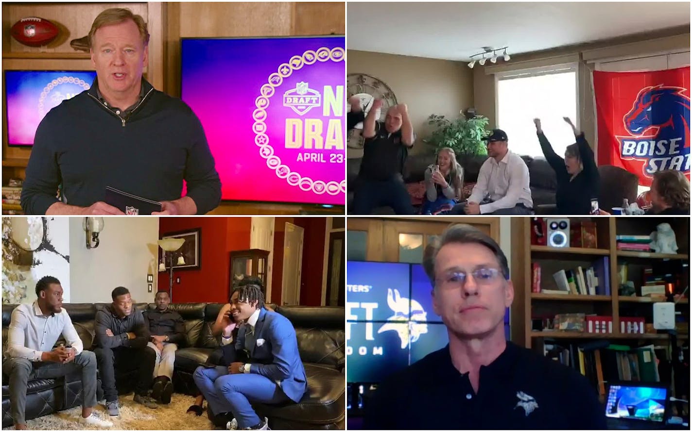 Clockwise from top left, scenes from the NFL's virtual draft: Commissioner Goodell, Ezra Cleveland, Rick Spielman and Justin Jefferson all had different settings.