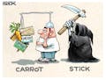 Sack cartoon: Carrot ... stick.