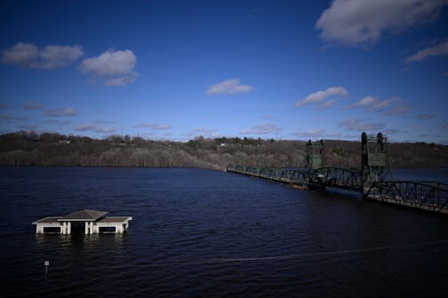 The Lowell Park Gazebo is flooded by the St. Croix River Monday, April 17, 2023 in Stillwater, Minn.