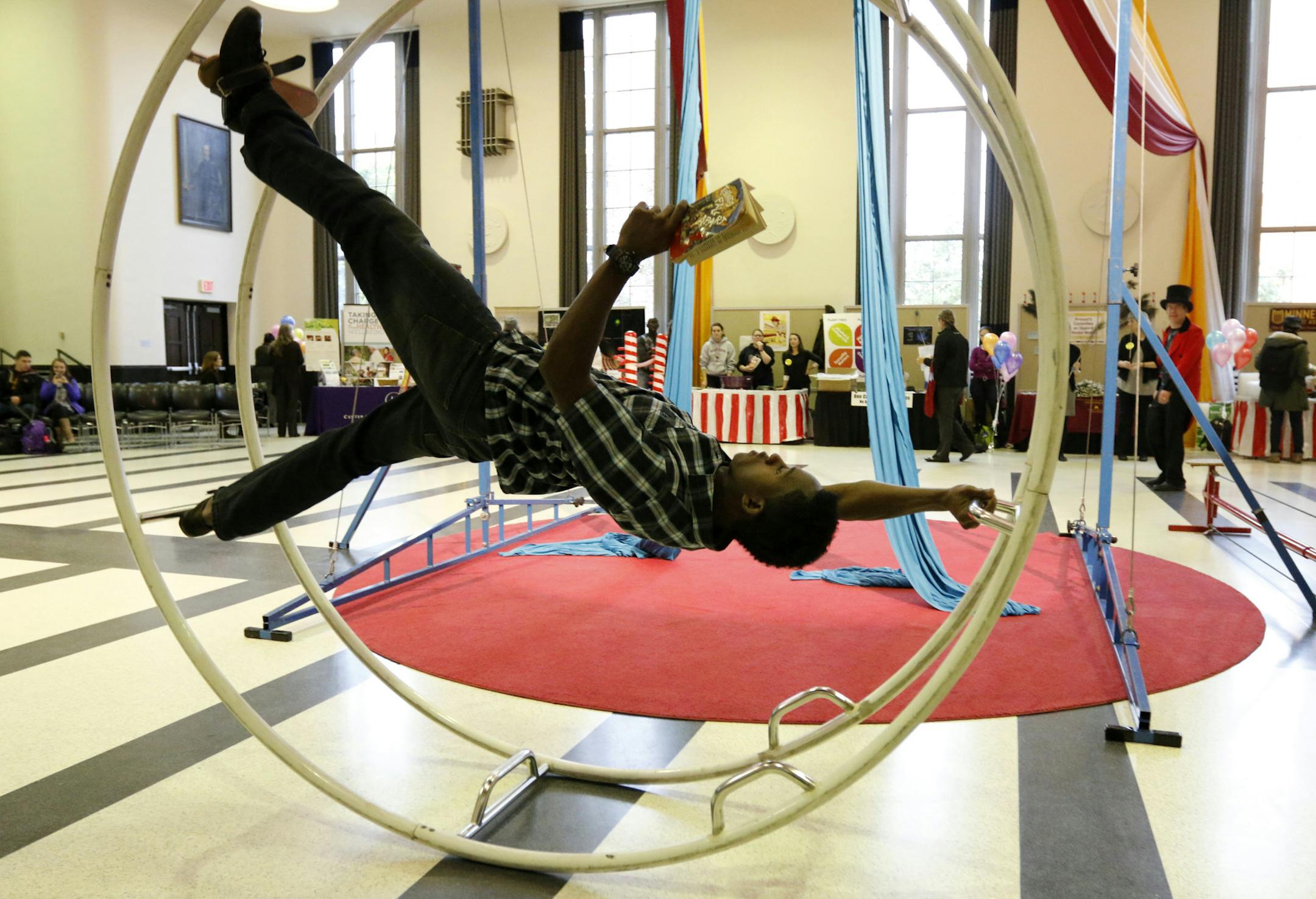 Cirque De-Stress offered Samuel Sake a chance to find his balance Tuesday at the student stress-reduction fair at the University of Minnesota.