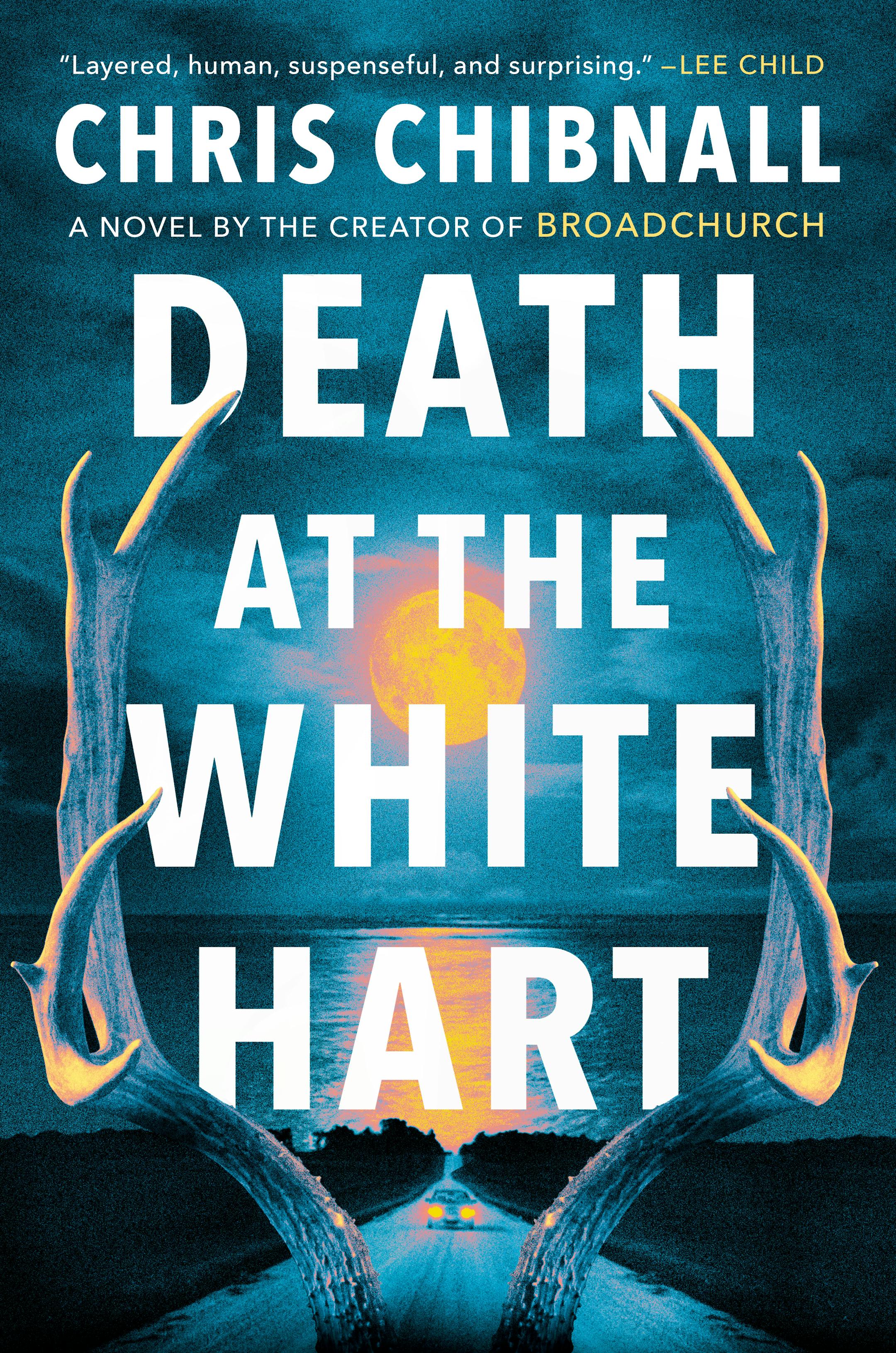cover of Death at the White Hart is an illustration of a car driving down a road at night, with large antlers superimposed over that image