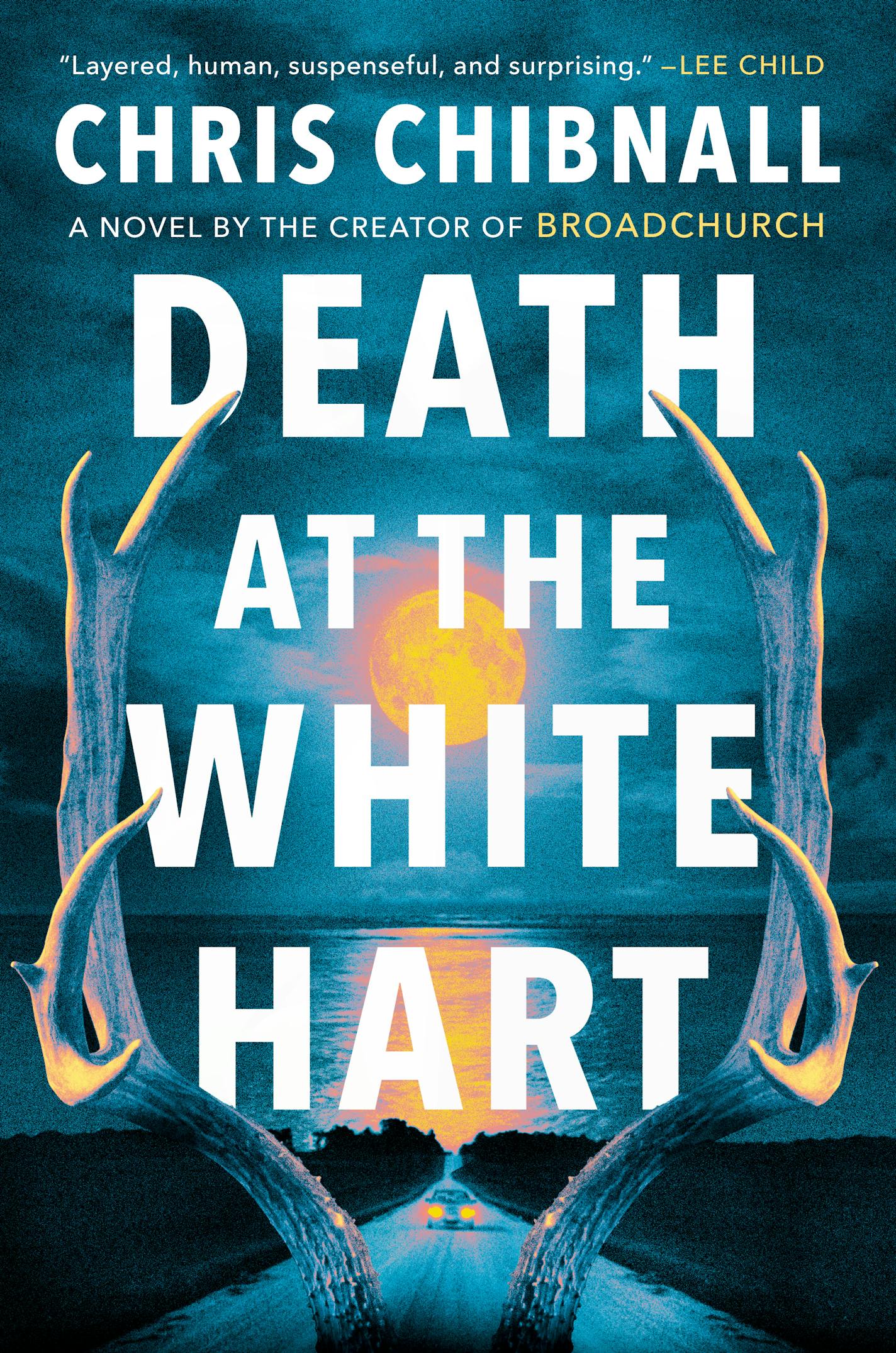 cover of Death at the White Hart is an illustration of a car driving down a road at night, with large antlers superimposed over that image