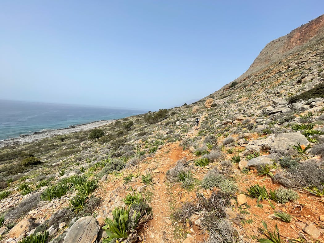 Despite a dry scrub landscape, the E4 hiking trail on Crete featured broad vistas of the sparkling Mediterranean.