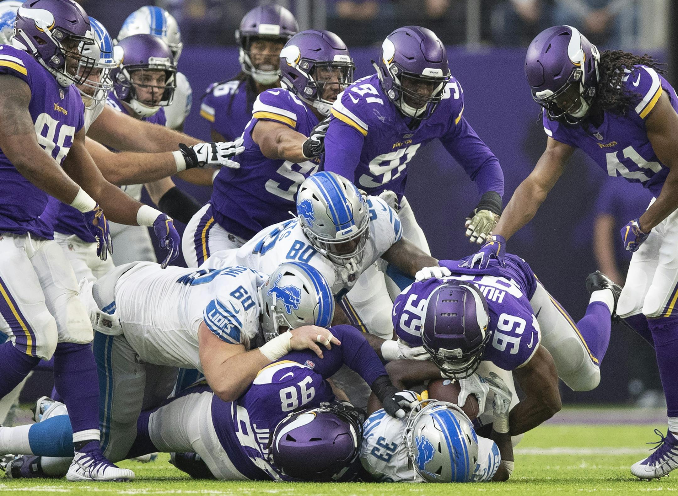 Viking defensive end Danielle Hunter stopped Lions running back Keryon Johnson for no gain in the first half at U.S.Bank Stadium Sunday 4, 2018 in Minneapolis, MN.] The Minnesota Vikings hosted the Detroit Lions . Jerry Holt ï Jerry.holt@startribune.com