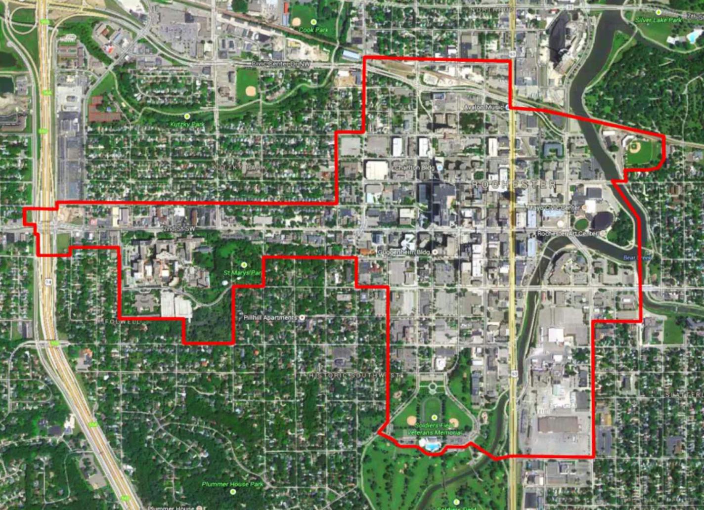 Map of Rochester showing areas targeted by Destination Medical Center