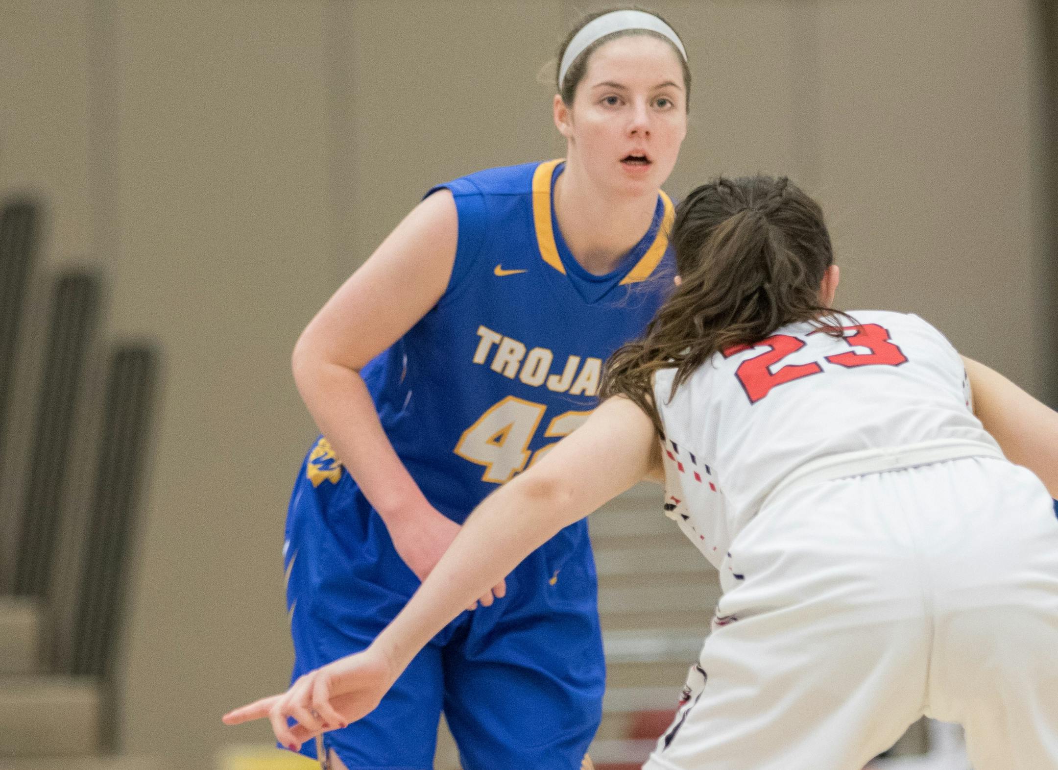 Wayzata point guard Mimi Schader looks for an opening in a game against Maranatha, January 3, 2018.