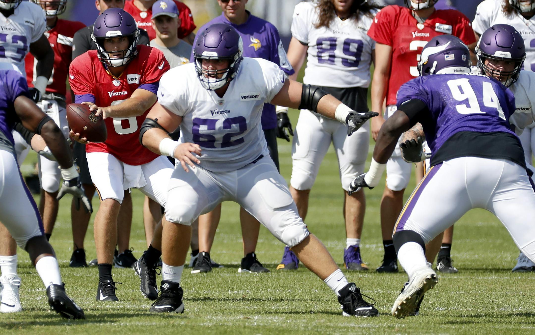 Minnesota Vikings offensive lineman Nick Easton (62) during practice on July 30, 2018. Easton had neck surgery and will likely miss the rest of the season.