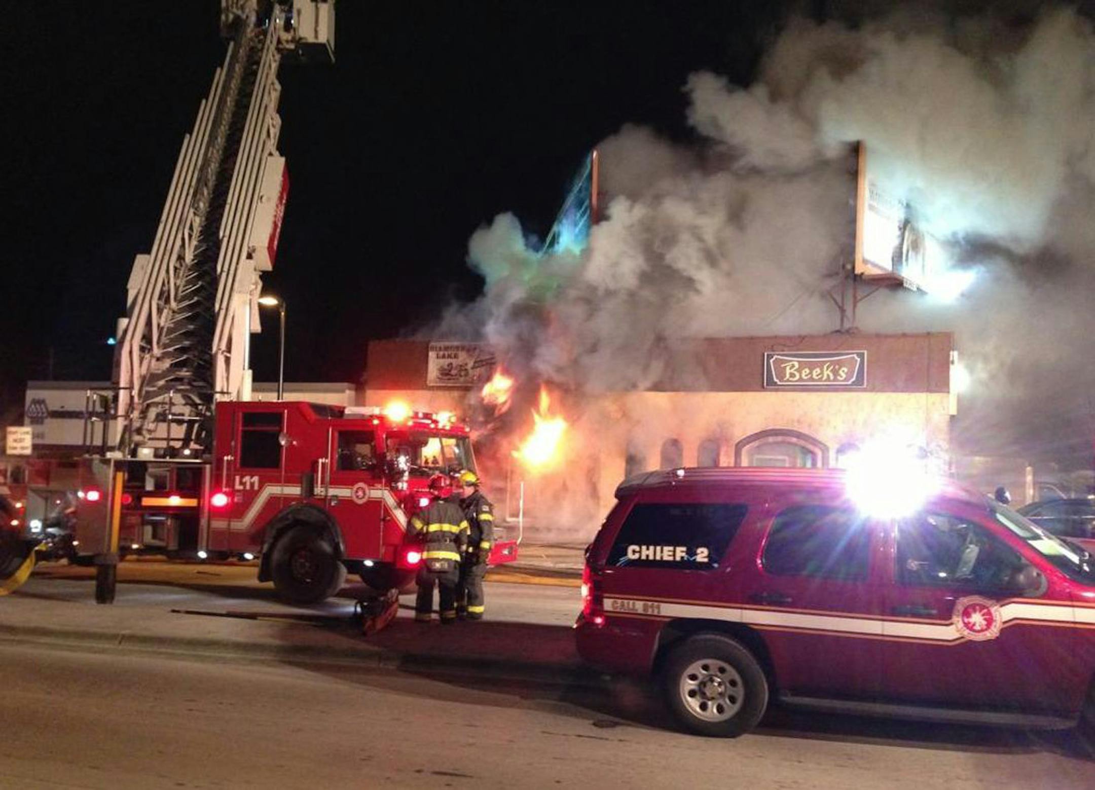 A large fire engulfs a strip mall in the 5300 block of Lyndale Av. S. in Minneapolis around 6:30 p.m. on Thursday, Jan. 24, 2013.