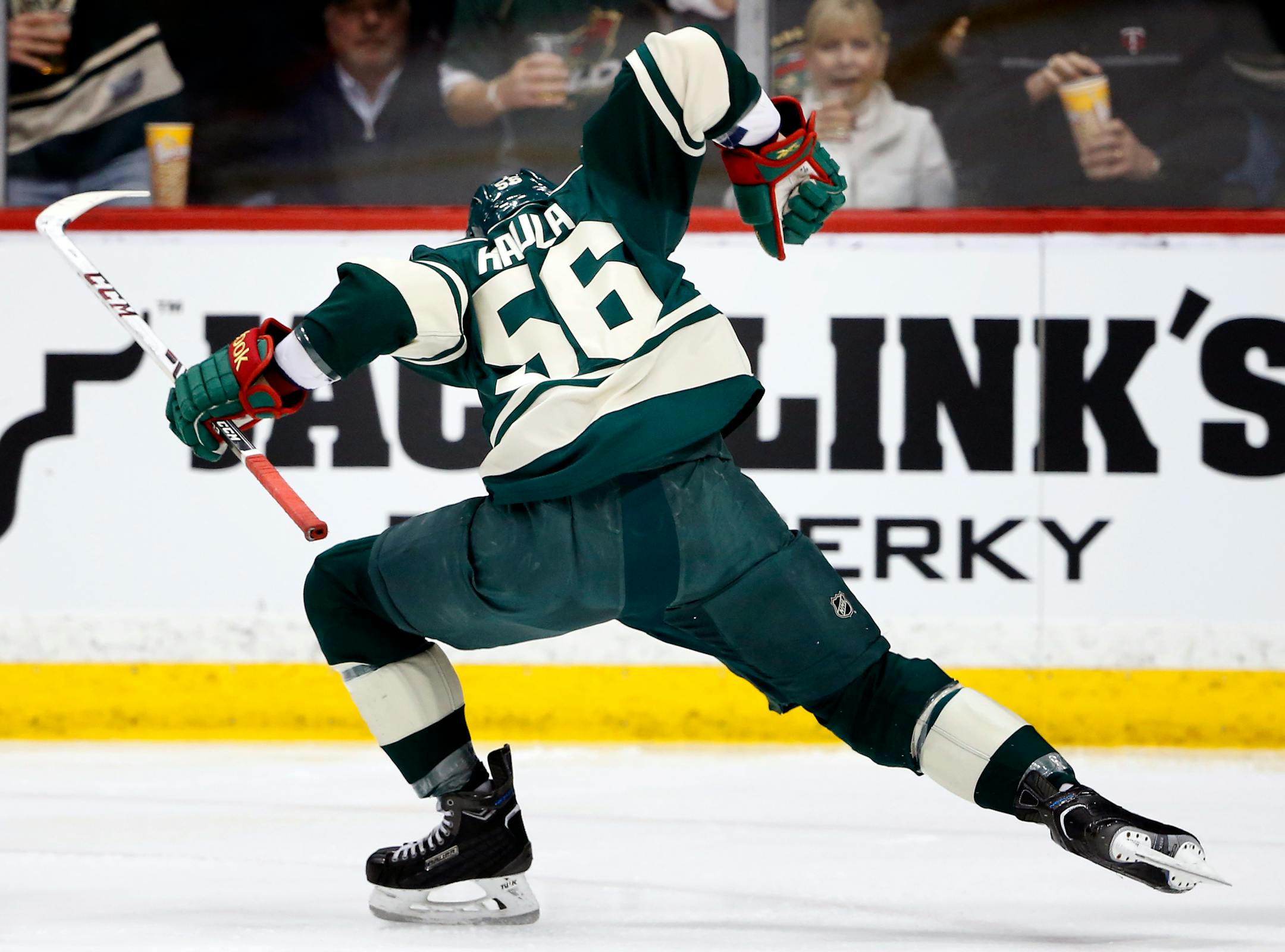 Erik Haula (56) celebrated after scoring in the first period Sunday against Nashville.