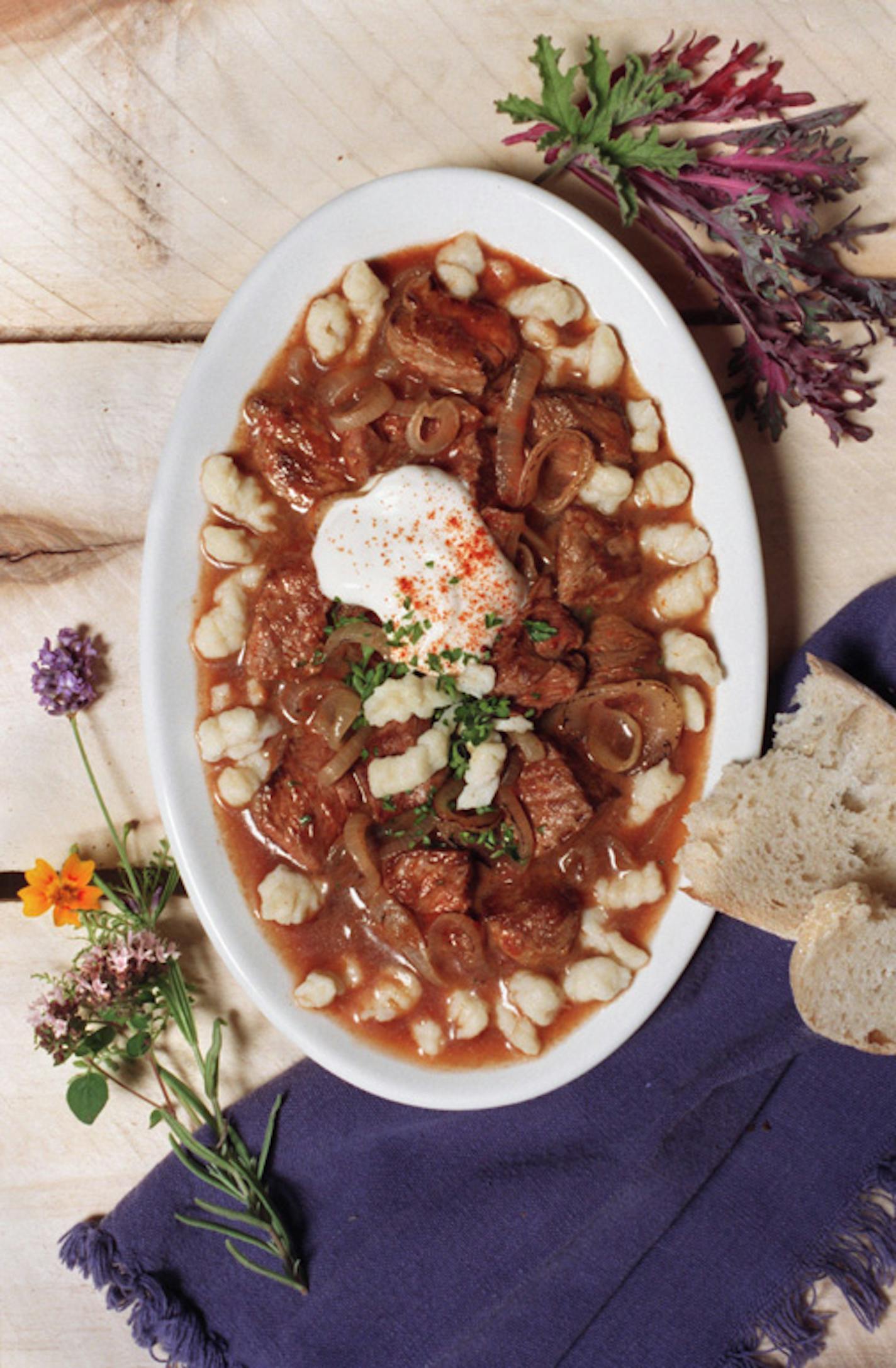 Hungarian goulash served with spaetzle.