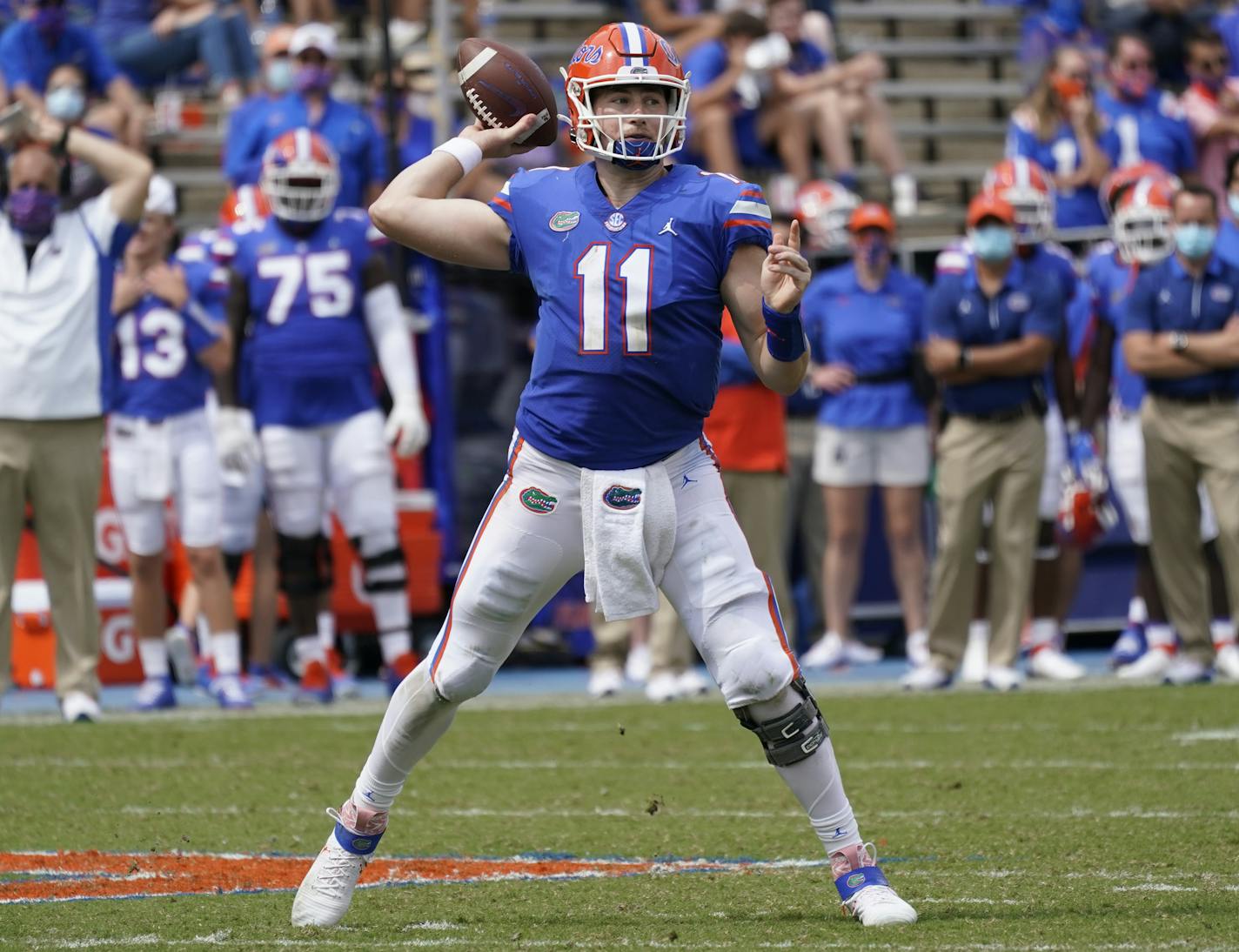 Florida quarterback Kyle Trask throws a pass against South Carolina during the second half of an NCAA college football game, Saturday, Oct. 3, 2020, in Gainesville, Fla. (AP Photo/John Raoux) ORG XMIT: GVP