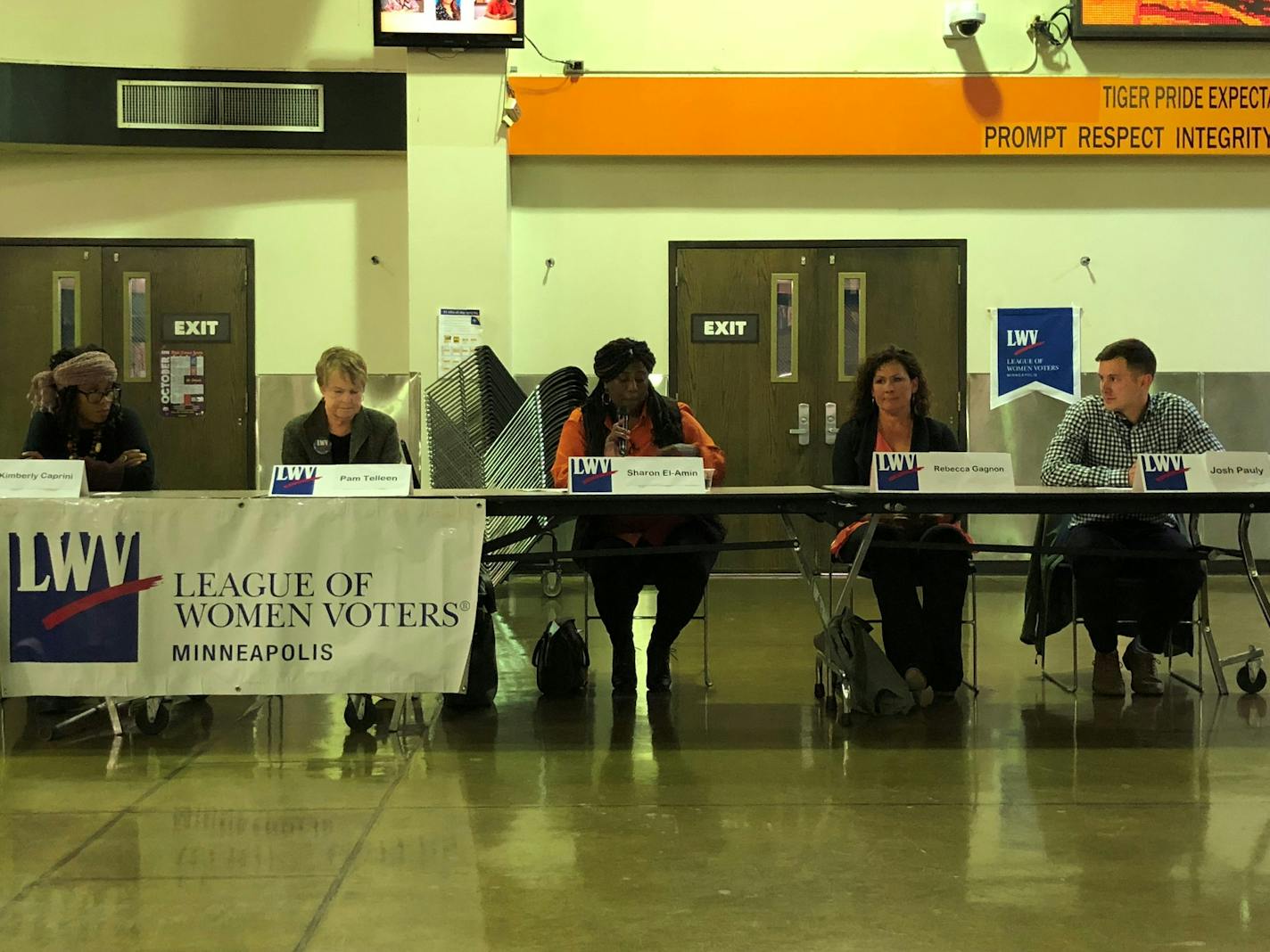 Minneapolis school board candidates spoke at a forum Tuesday night. From left to right they are, Kimberly Caprini, moderator Pam Telleen, Sharon el-Amin, Rebecca Gagnon and Josh Pauly.