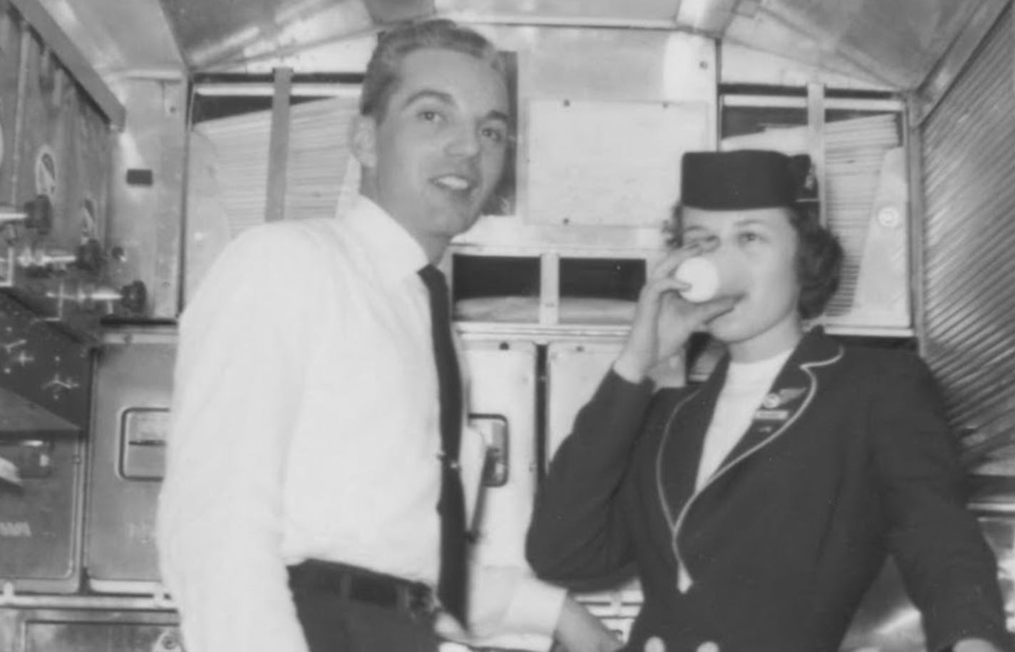 Flight attendant Robert Reardon aboard a Northwest Airlines Stratocruiser in 1956.