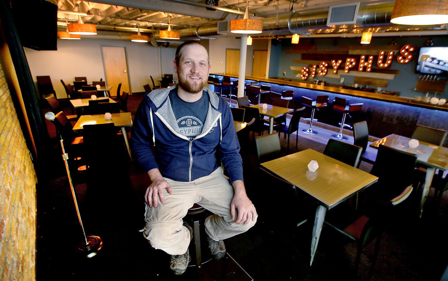 Sam Harriman, owner of Sisyphus Brewing, sat in the newly built and the first dedicated stage/performance space in a Minnesota taproom, Monday, September 28, 2015 in Minneapolis, MN. ] (ELIZABETH FLORES/STAR TRIBUNE) ELIZABETH FLORES &#xef; eflores@startribune.com